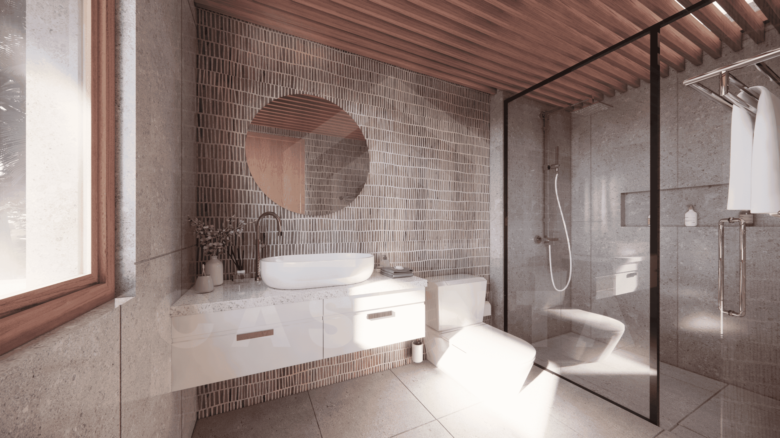 Ensuite bathroom with clean design and wooden ceiling in a 3 Bedroom Villa in Uluwatu with a great Location
