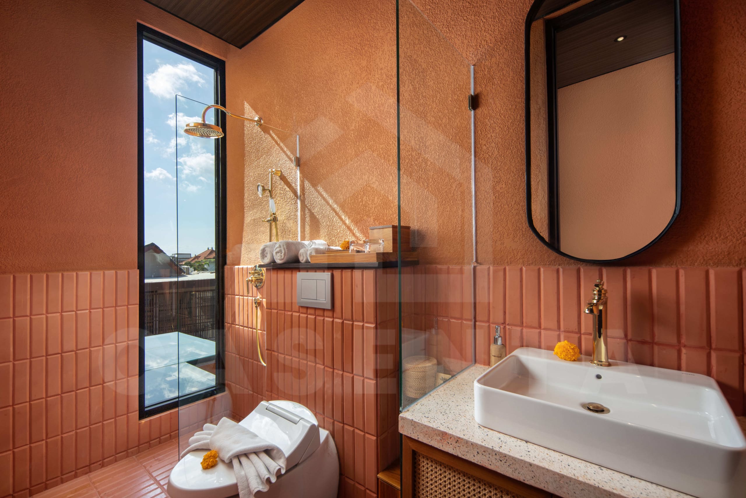 Ensuite bathroom inside 2 bedroom villa close to prime location in canggu