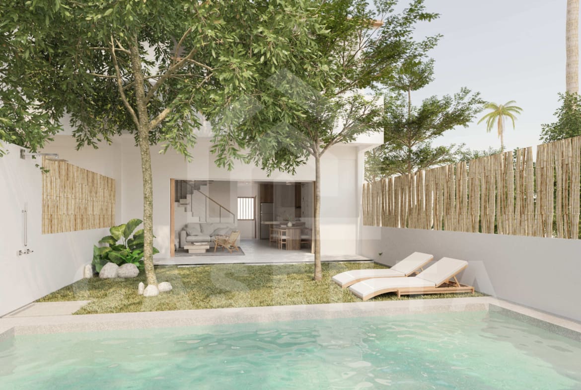 Outdoor garden with swimming pool at the back of a 3 Bedroom Villa in Uluwatu with a popular Location