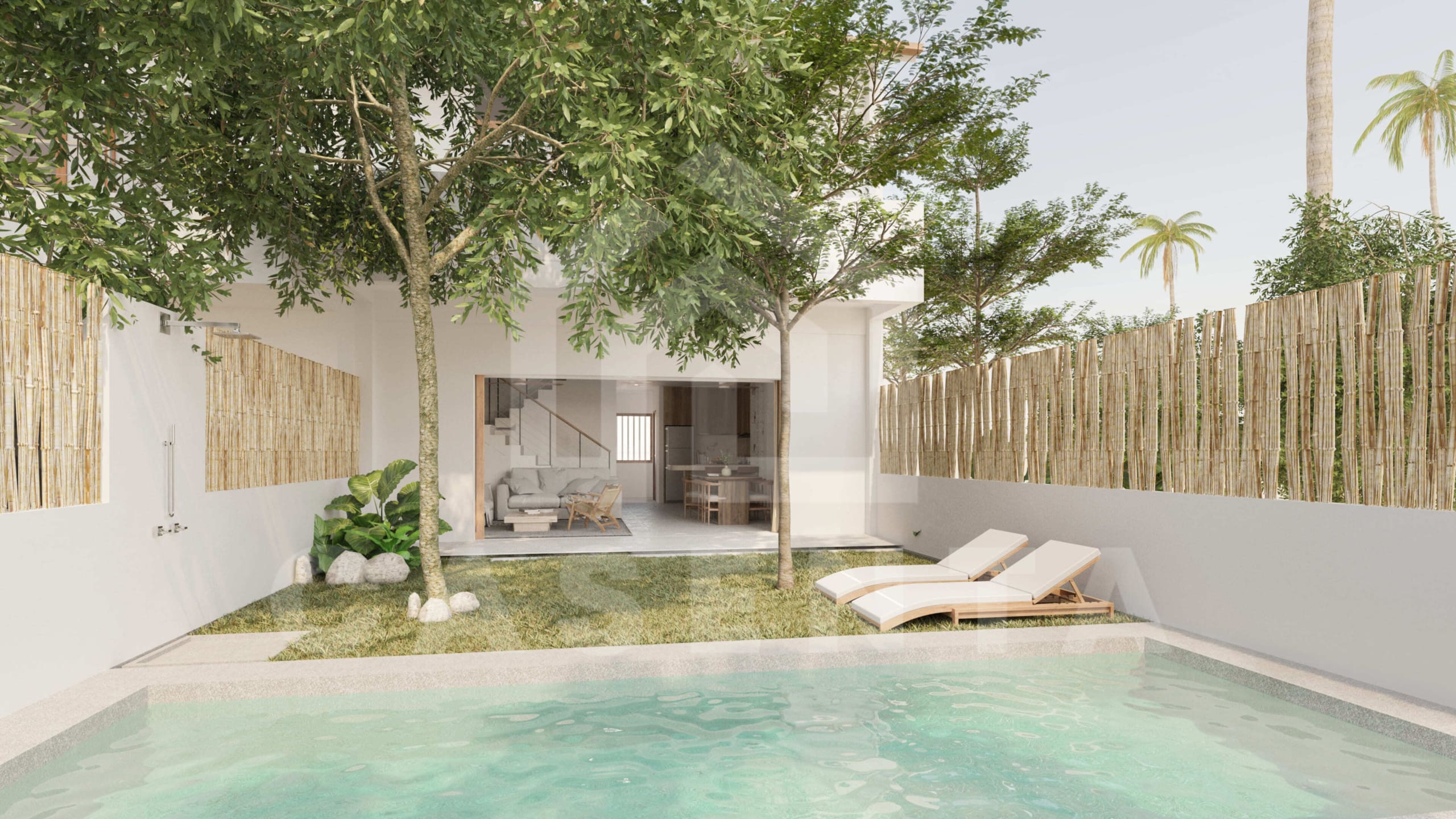 Outdoor garden with swimming pool at the back of a 3 Bedroom Villa in Uluwatu with a popular Location