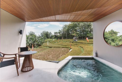 One of many villas in Bali for sale with rice field views and a plunge pool
