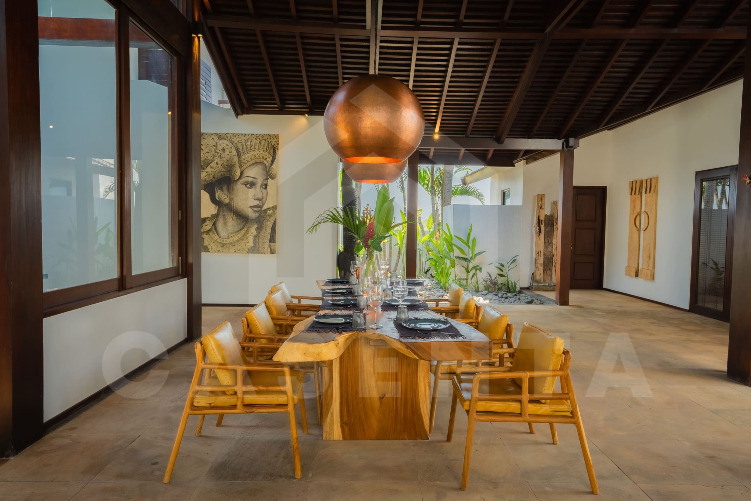 Indoor dining area inside tropical villas in Tabanan coastline