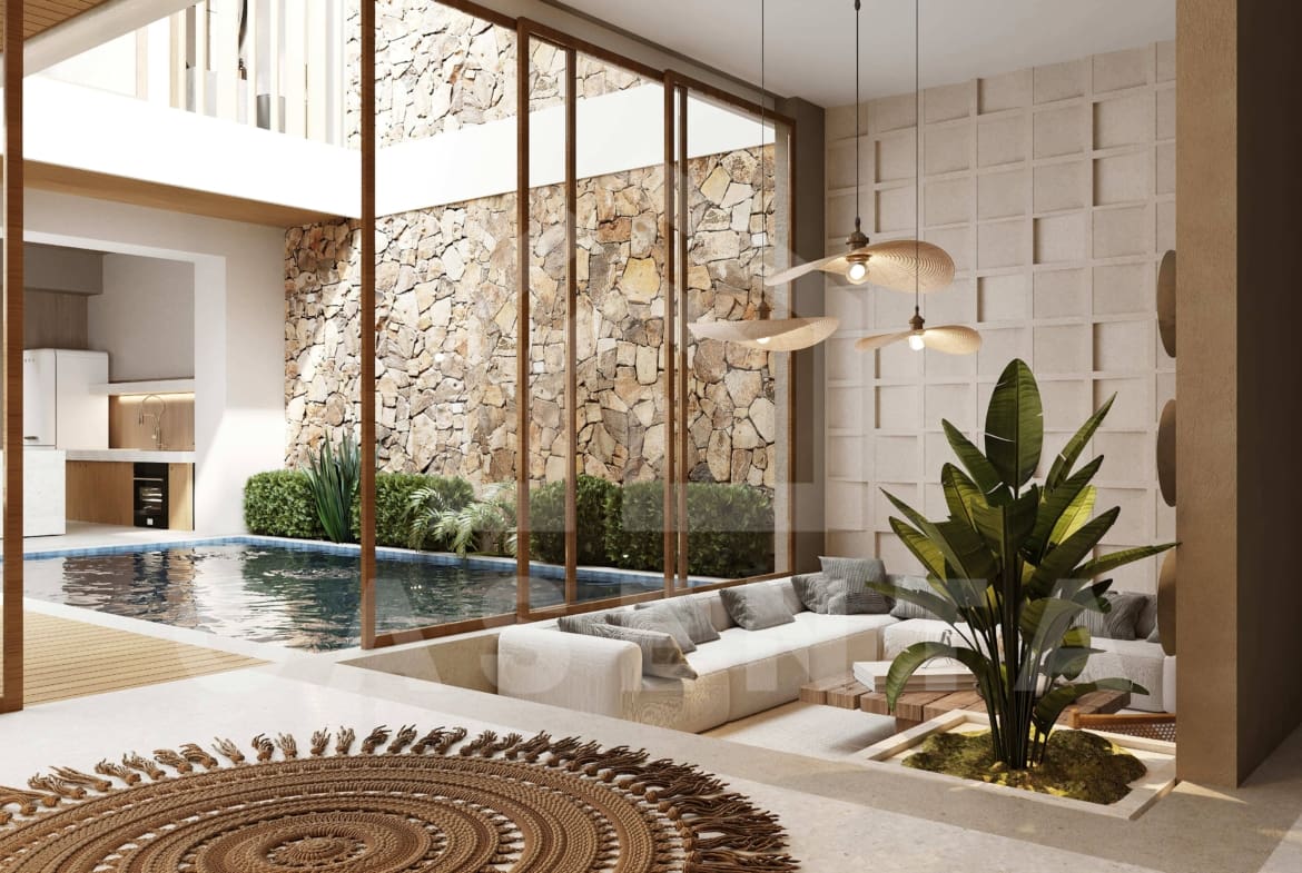 Luminous living room inside 2 bedroom villa in Bingin