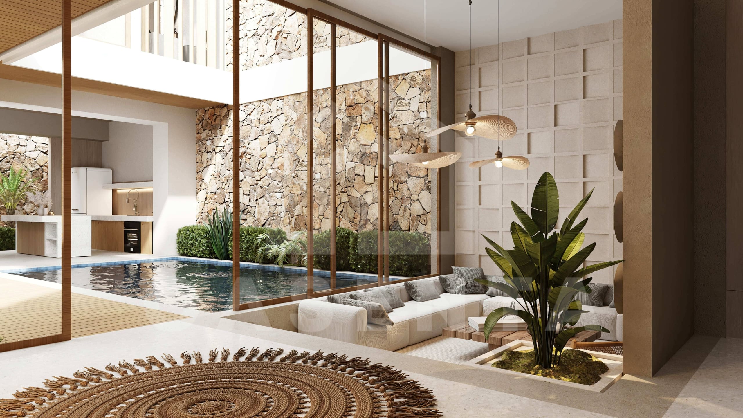 Luminous living room inside 2 bedroom villa in Bingin