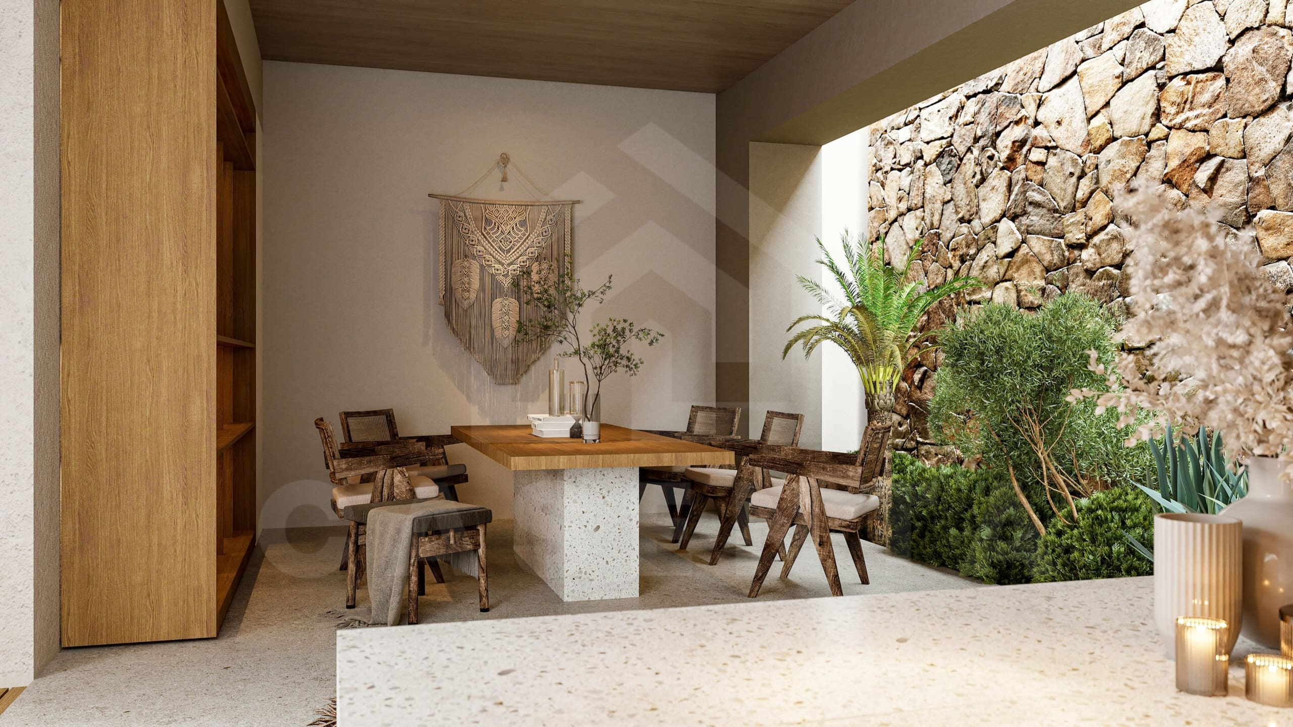 Wood and stone dining table inside a beautiful 2 bedroom villa in Bingin