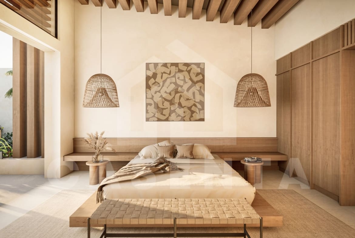 Bedroom inside tasteful Japandi villa in Umalas