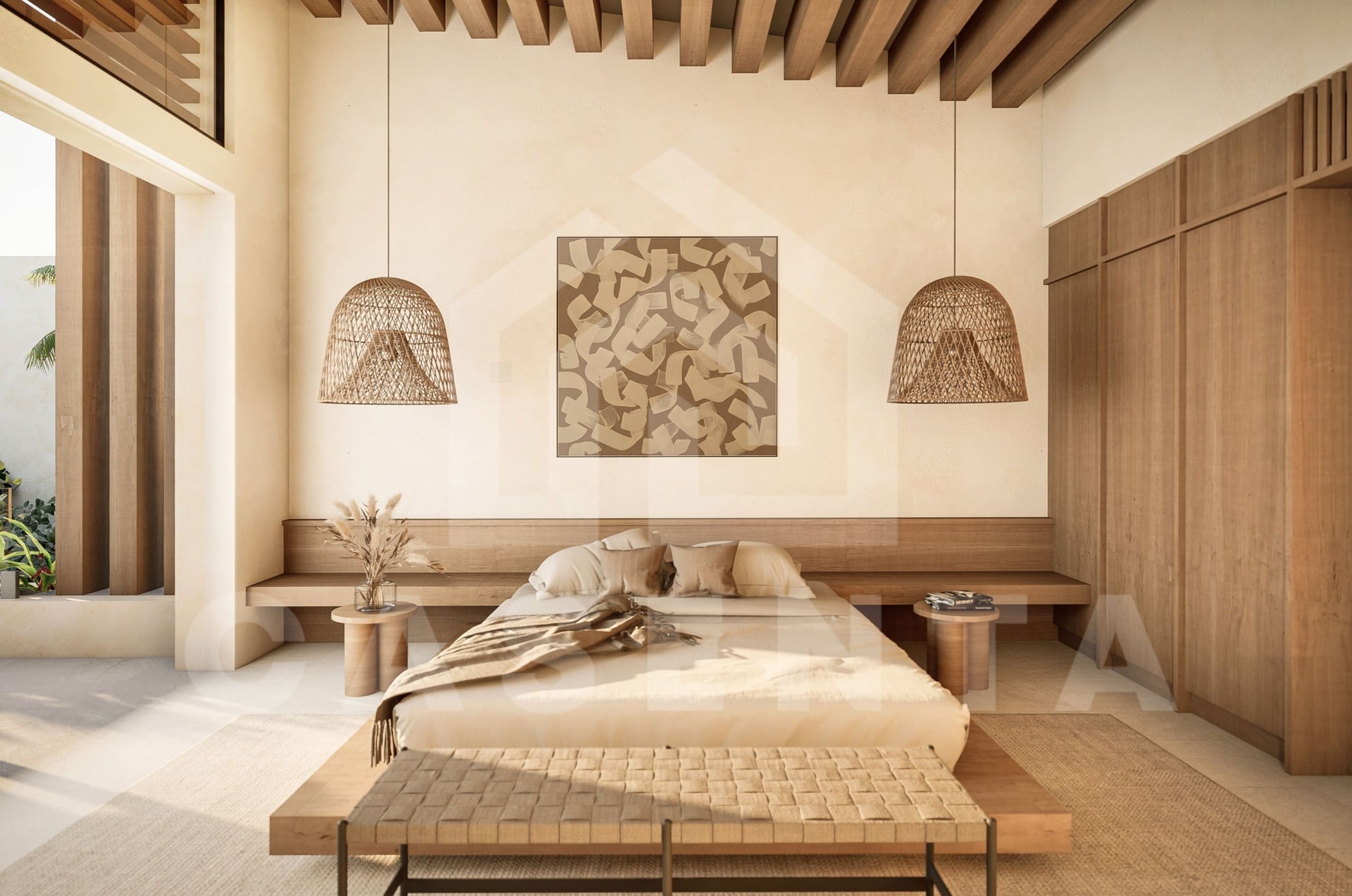 Bedroom inside tasteful Japandi villa in Umalas