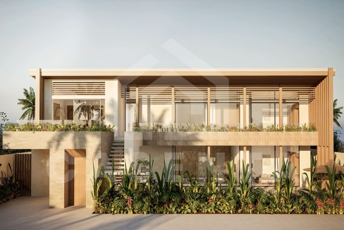 Facade of a tasteful 4 bedroom Japandi villa in Umalas