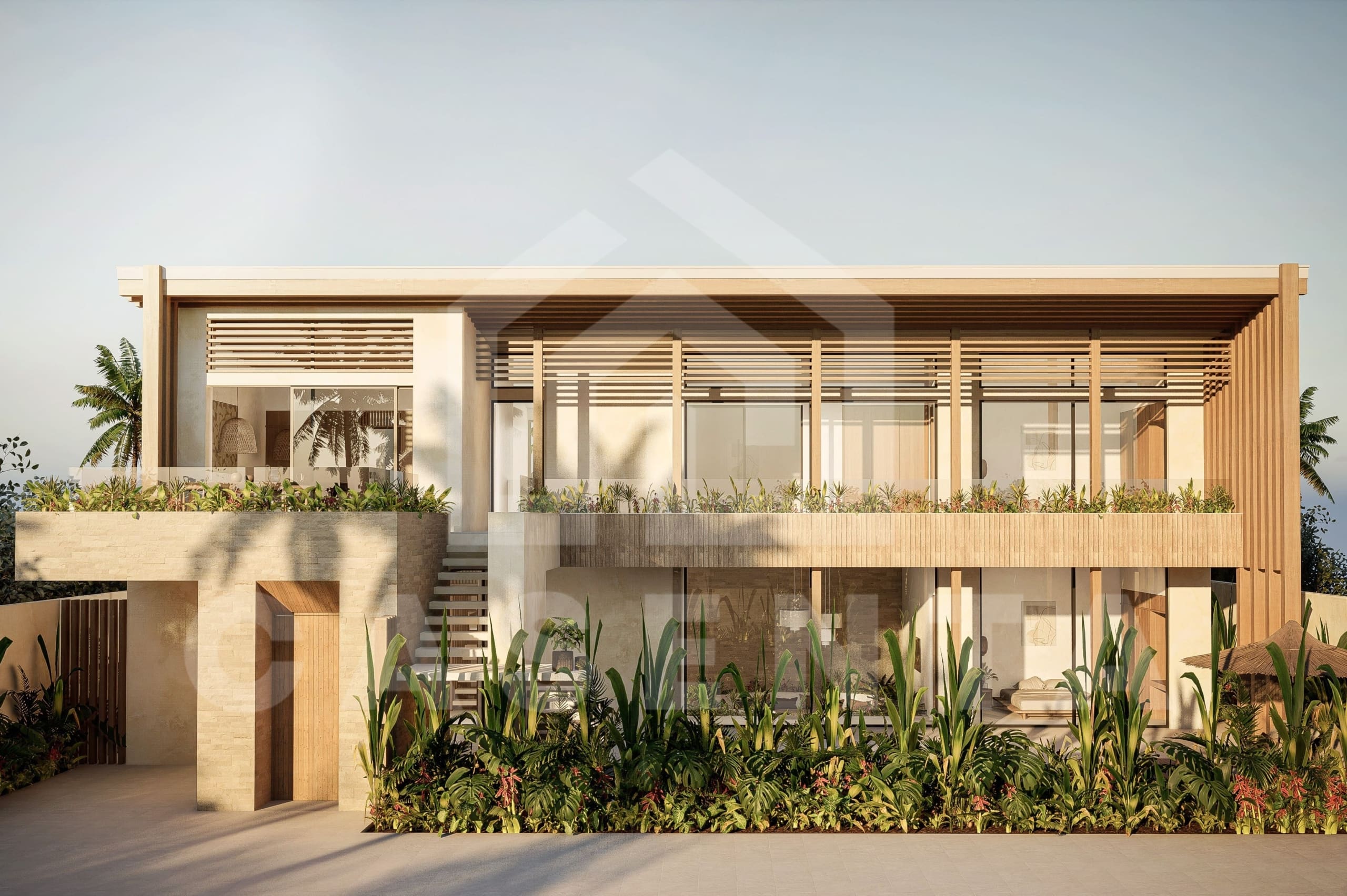 Facade of a tasteful 4 bedroom Japandi villa in Umalas