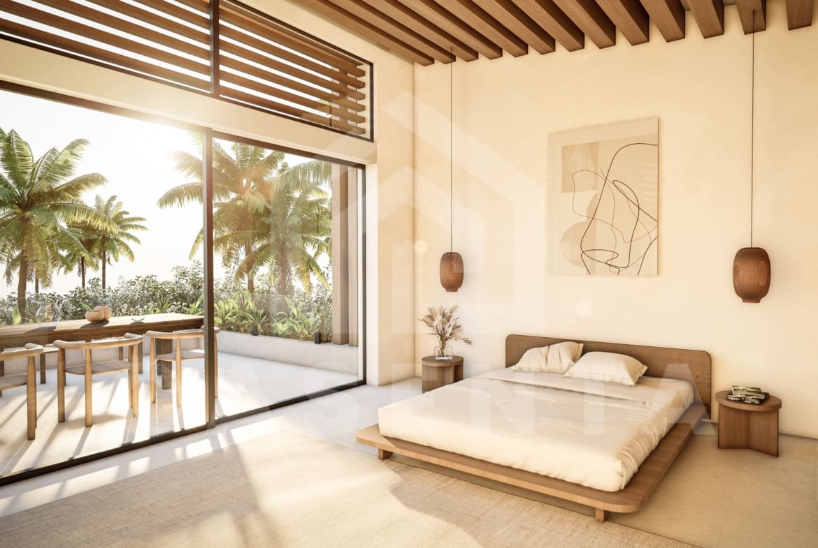 Bedroom inside tasteful Japandi villa in Umalas