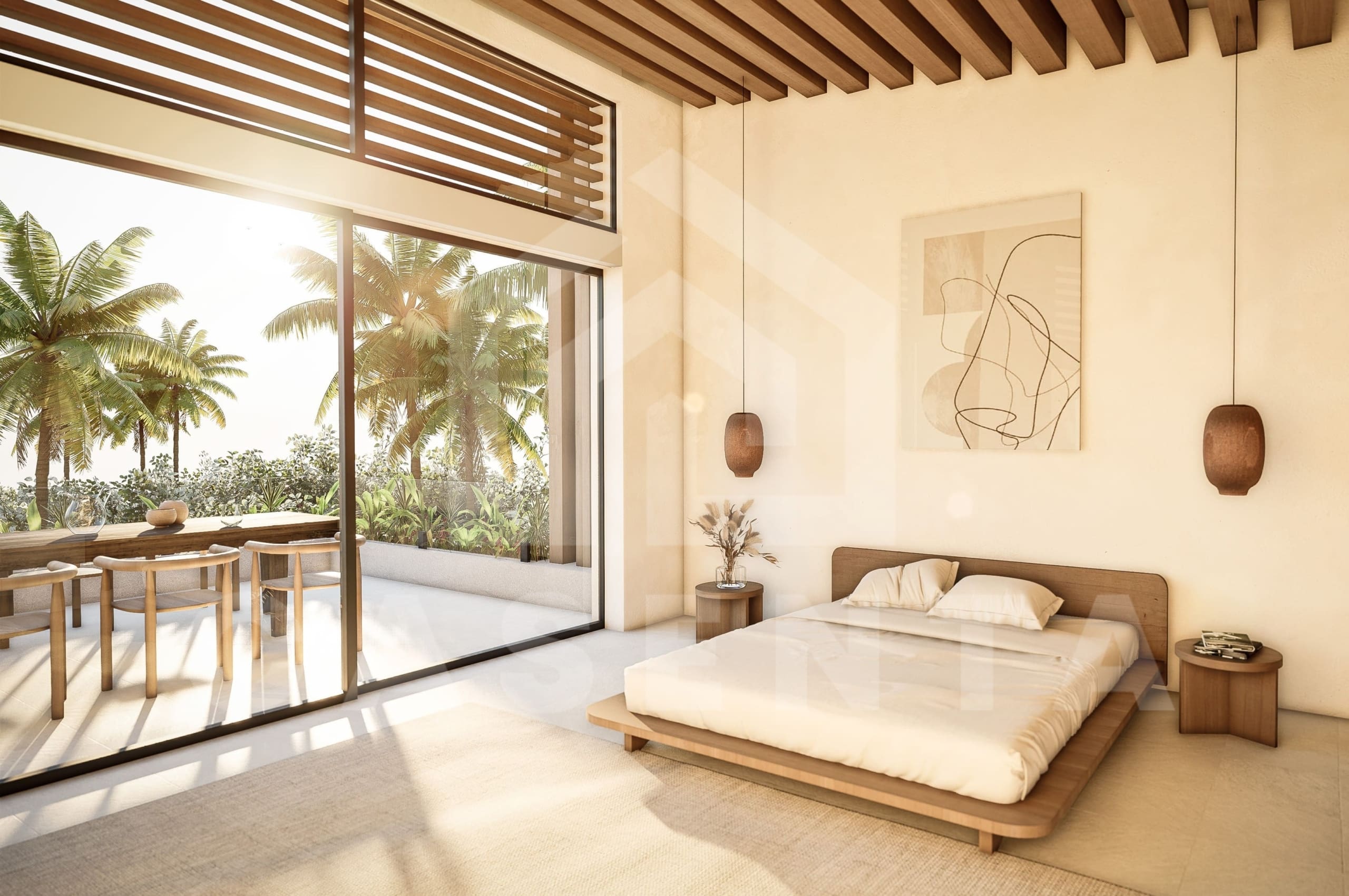 Bedroom inside tasteful Japandi villa in Umalas