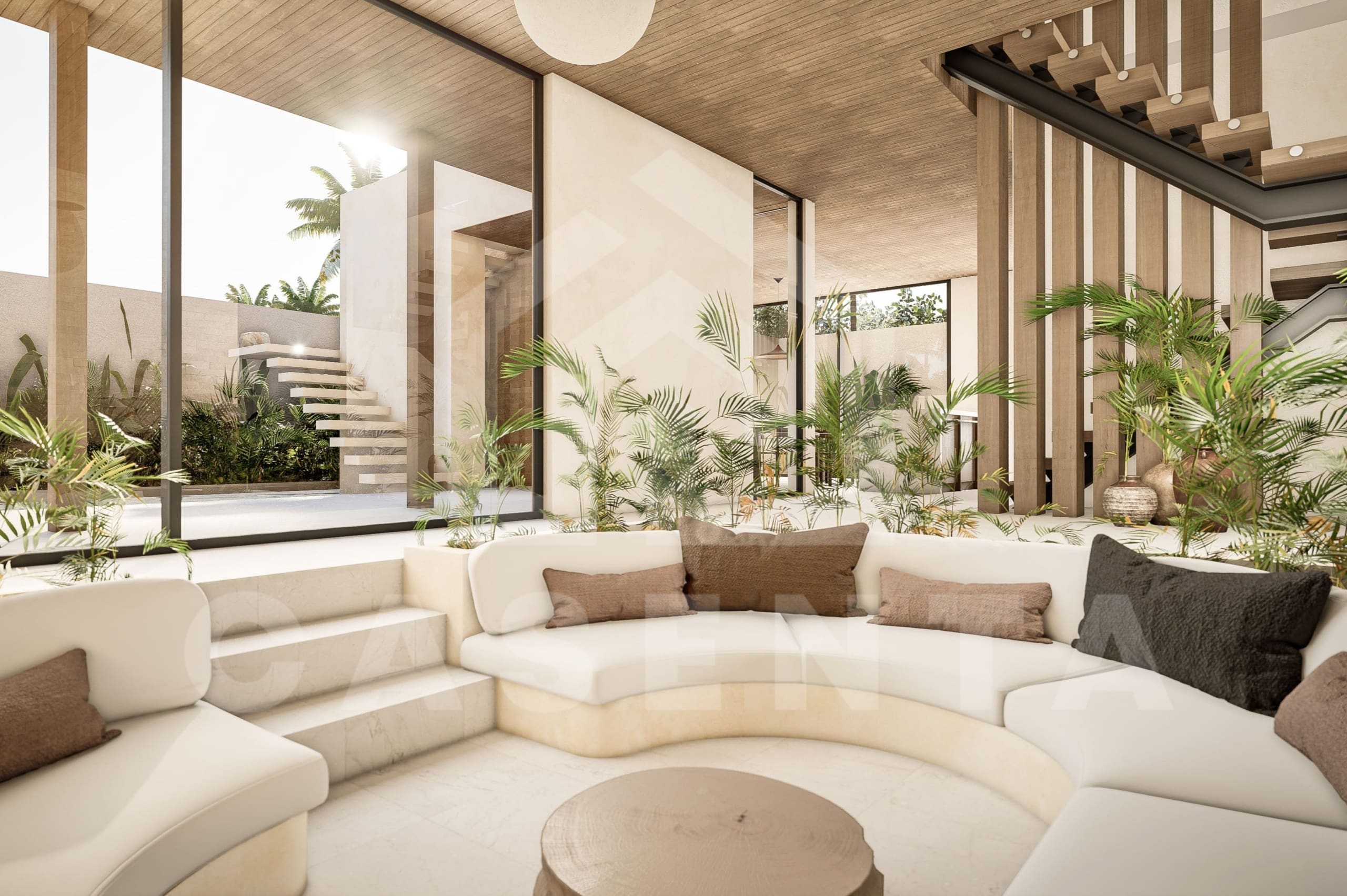 Living area inside tasteful 4 bedroom Japandi villa in Umalas