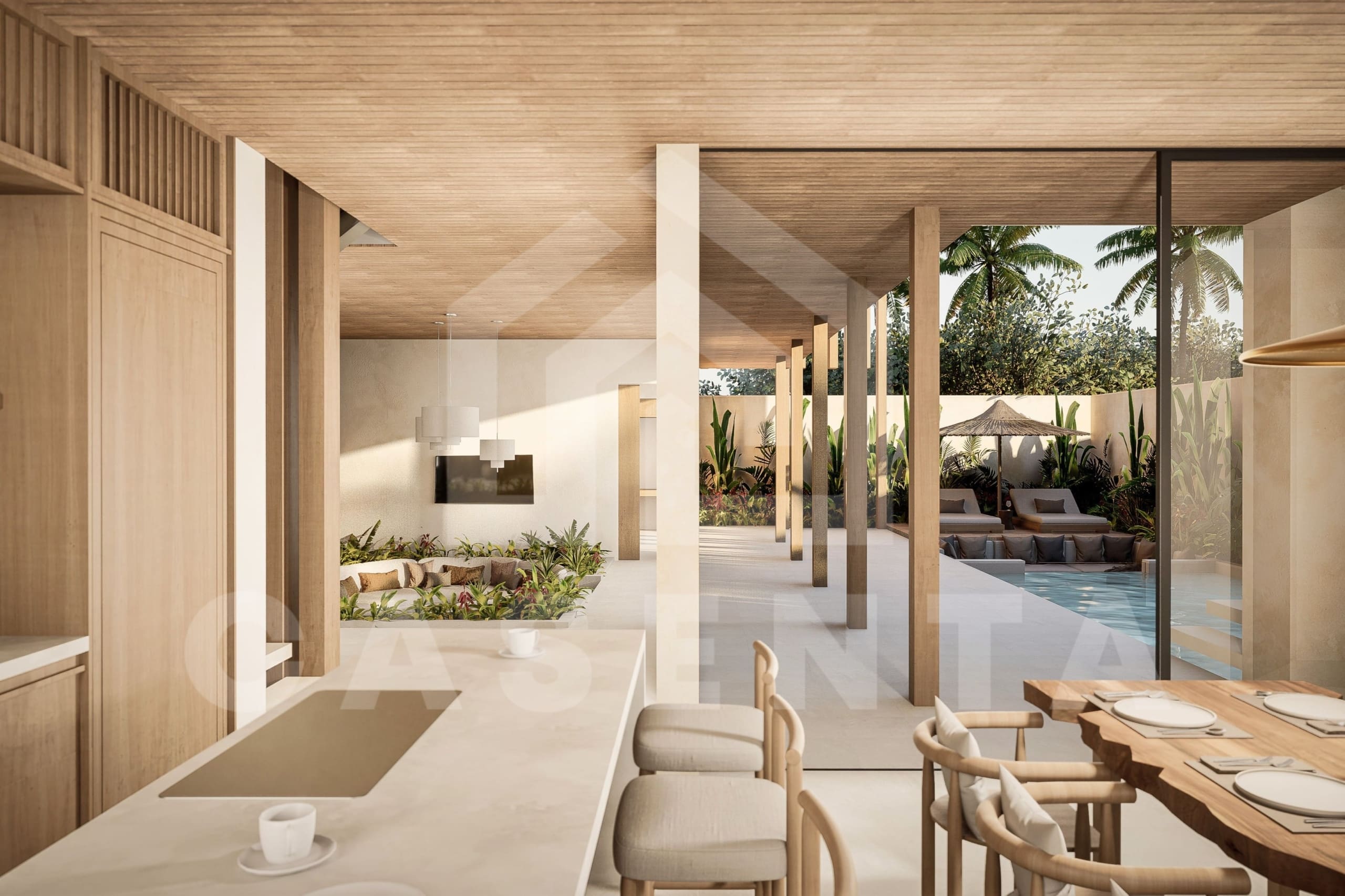 Living area inside tasteful 4 bedroom Japandi villa in Umalas