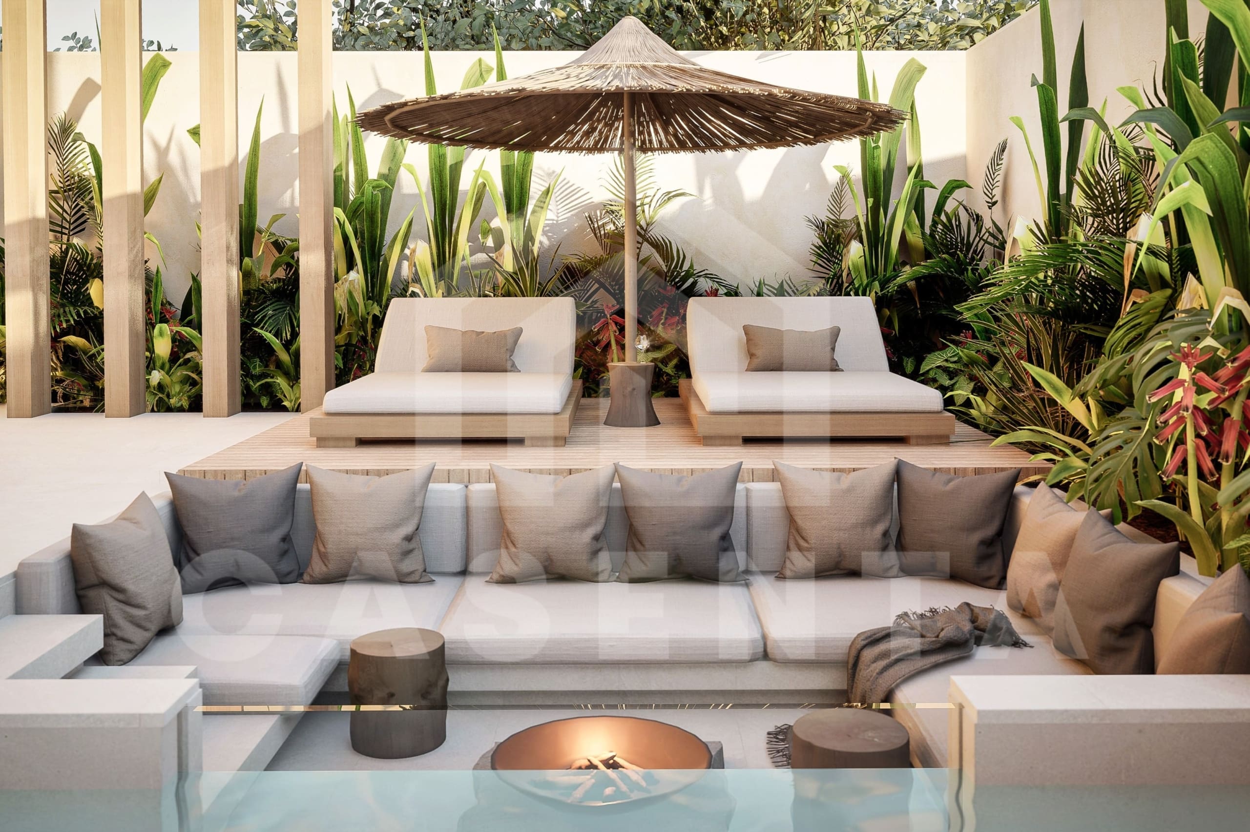 Outdoor area inside tasteful 4 bedroom Japandi villa in Umalas