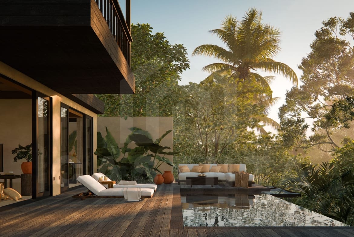 Pool area inside riverfront villa in a superb Ubud area