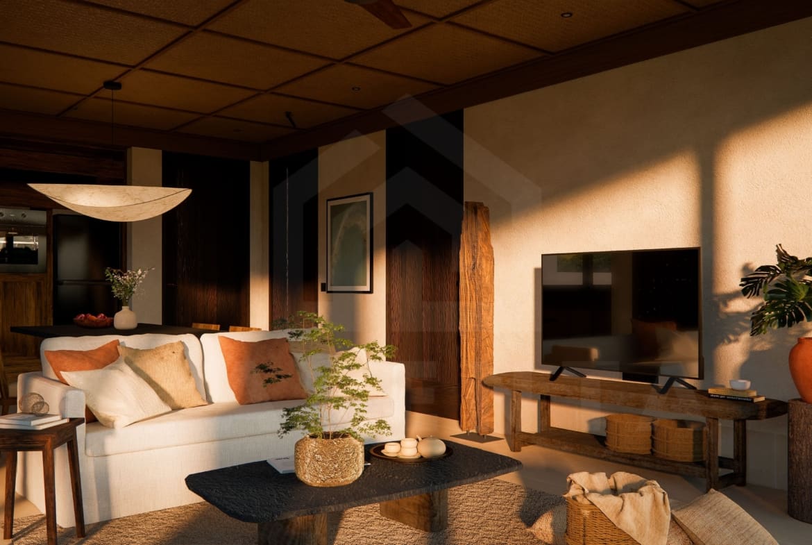 Living area inside riverfront villa in a superb Ubud area