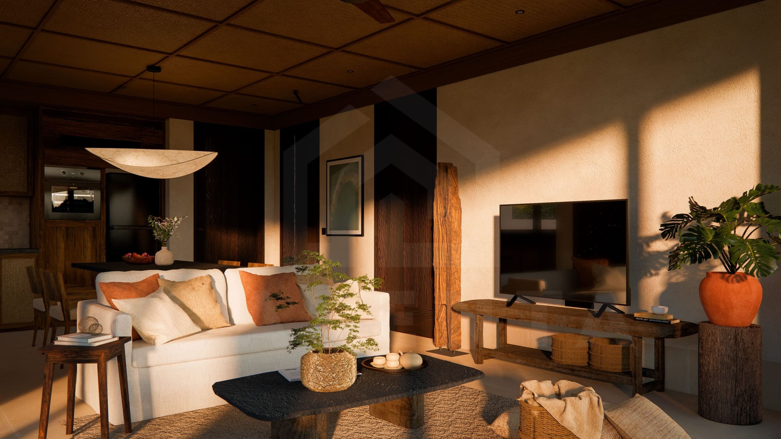 Living area inside riverfront villa in a superb Ubud area