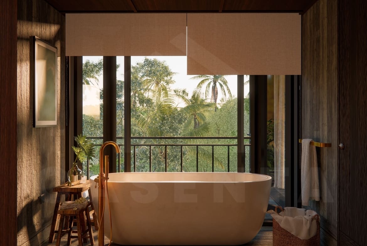 Bathtub inside riverfront villa in a superb Ubud area