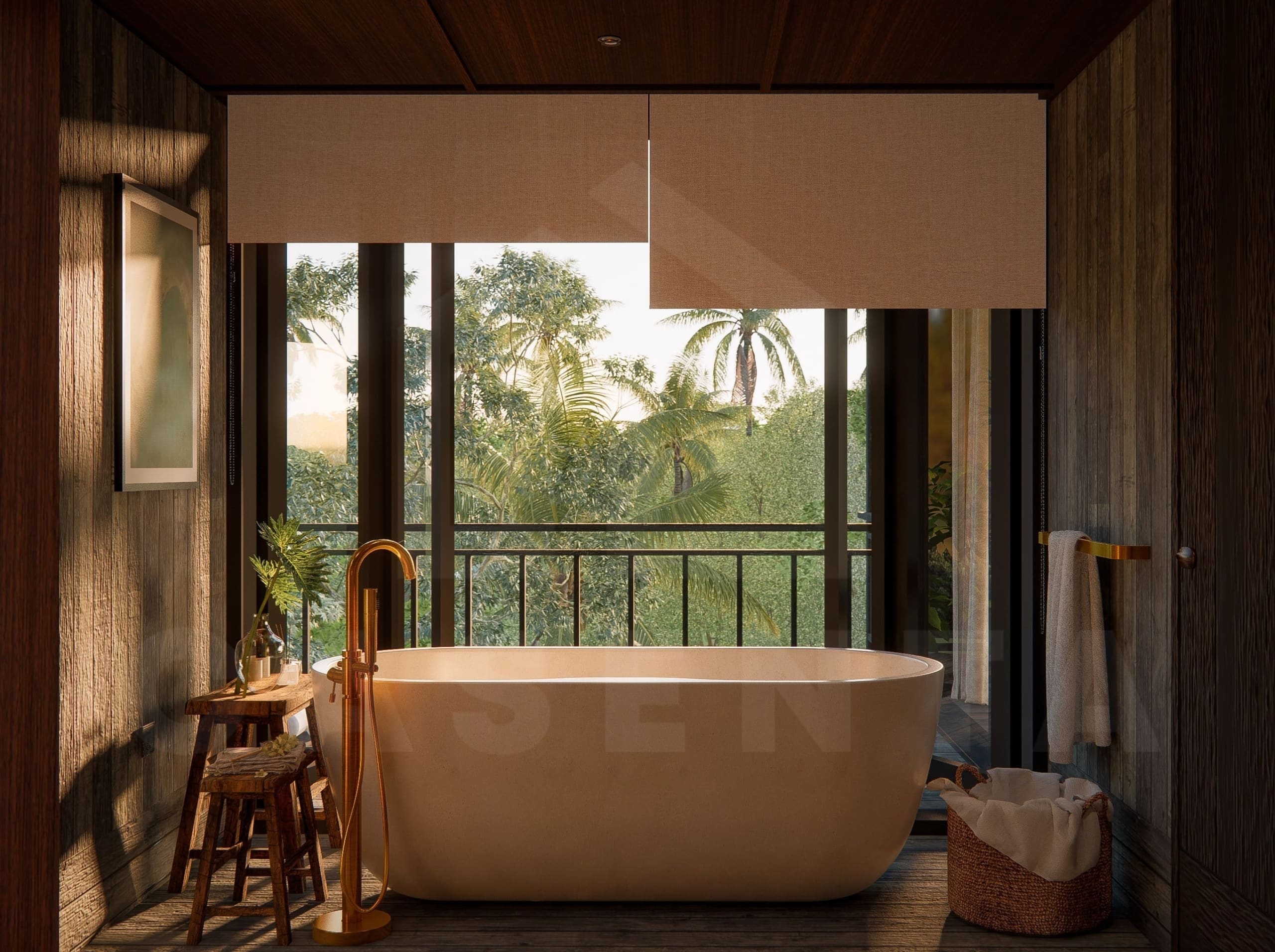 Bathtub inside riverfront villa in a superb Ubud area