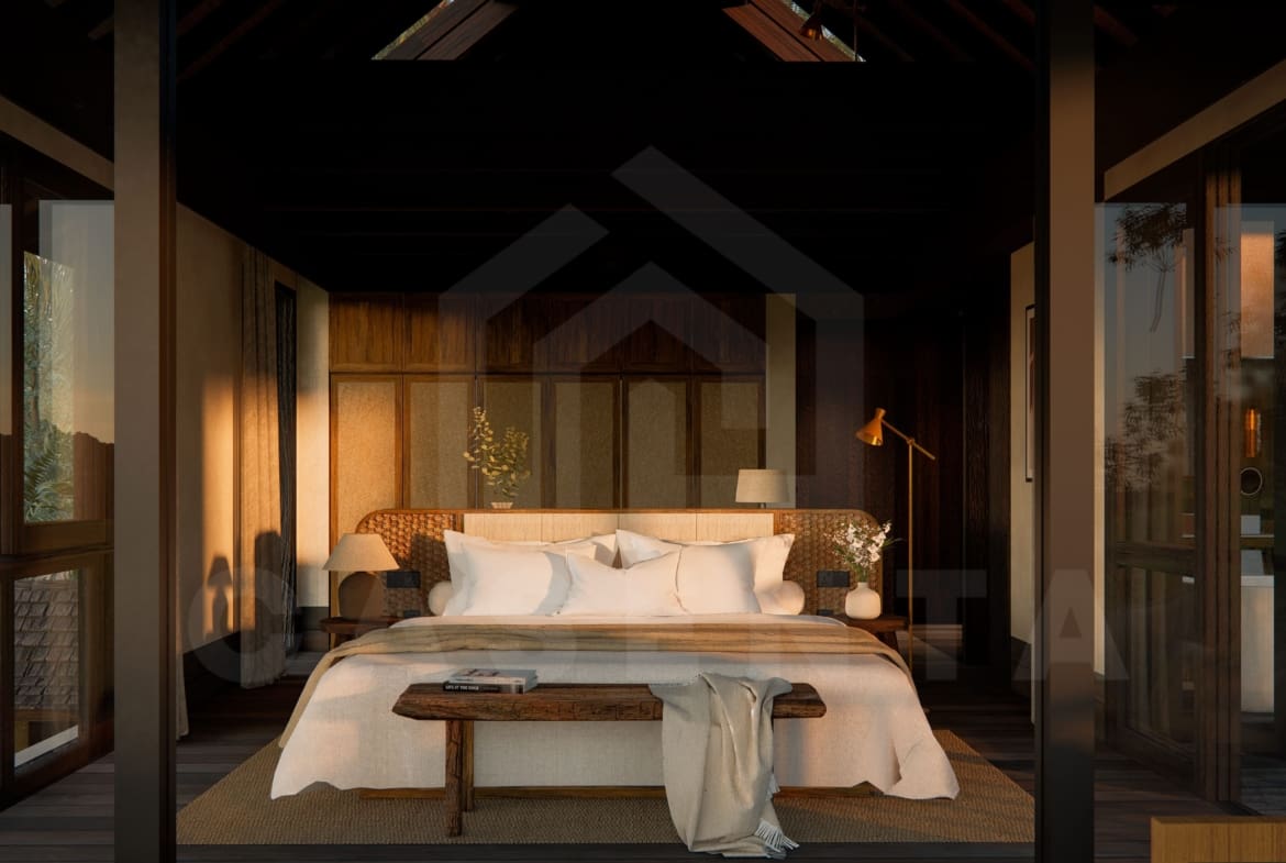 Master bedroom inside riverfront villa in a superb Ubud area