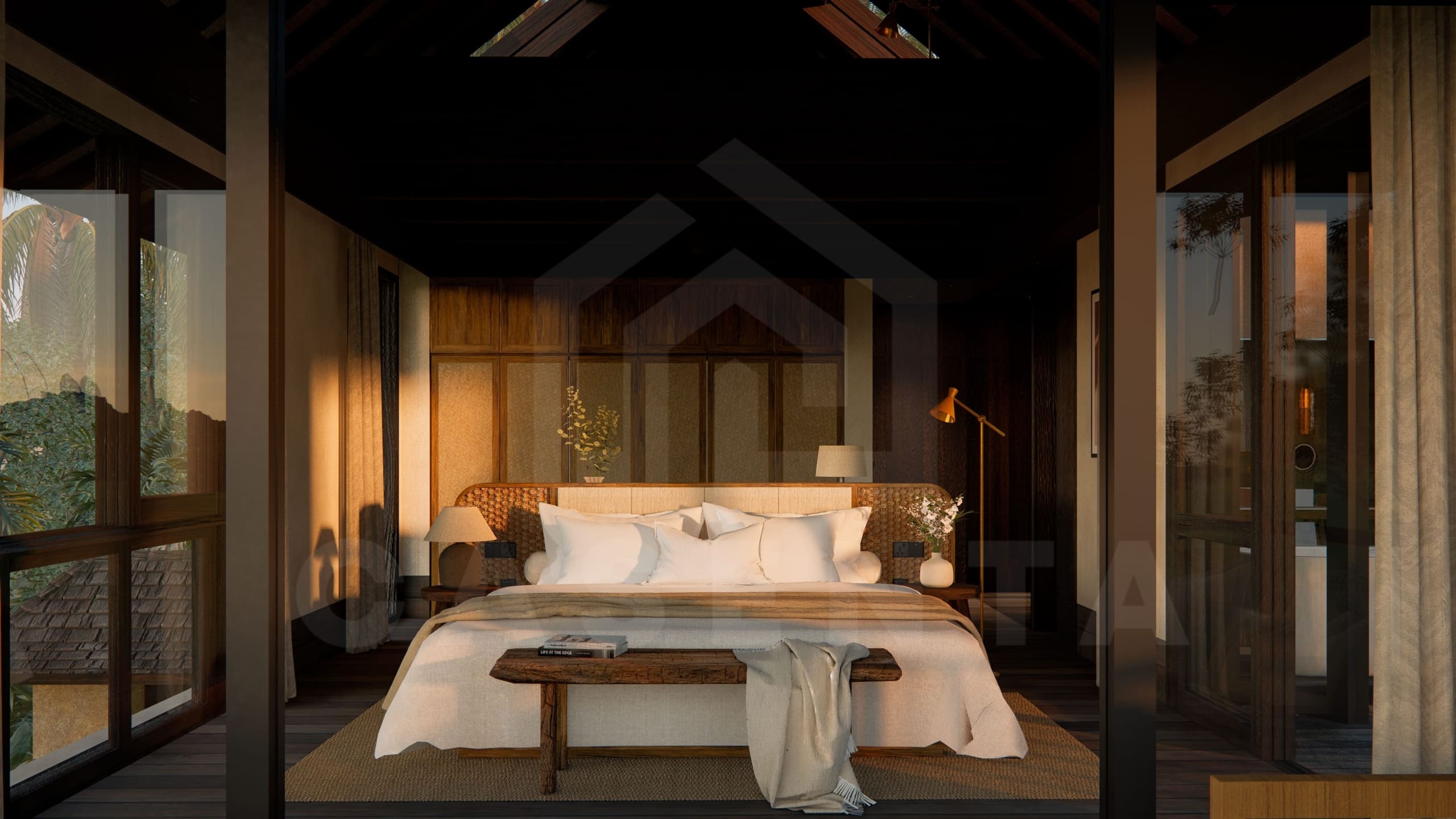 Master bedroom inside riverfront villa in a superb Ubud area