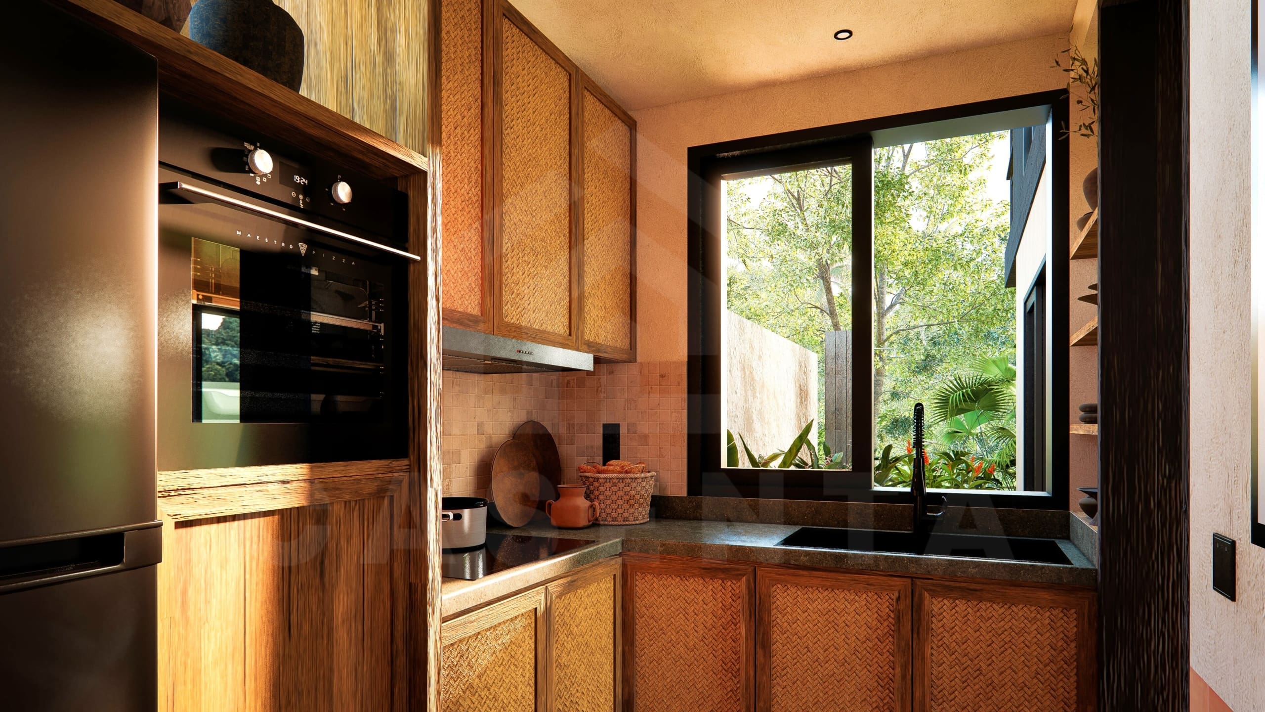 Kitchen inside 3 bedroom riverfront villa in Ubud