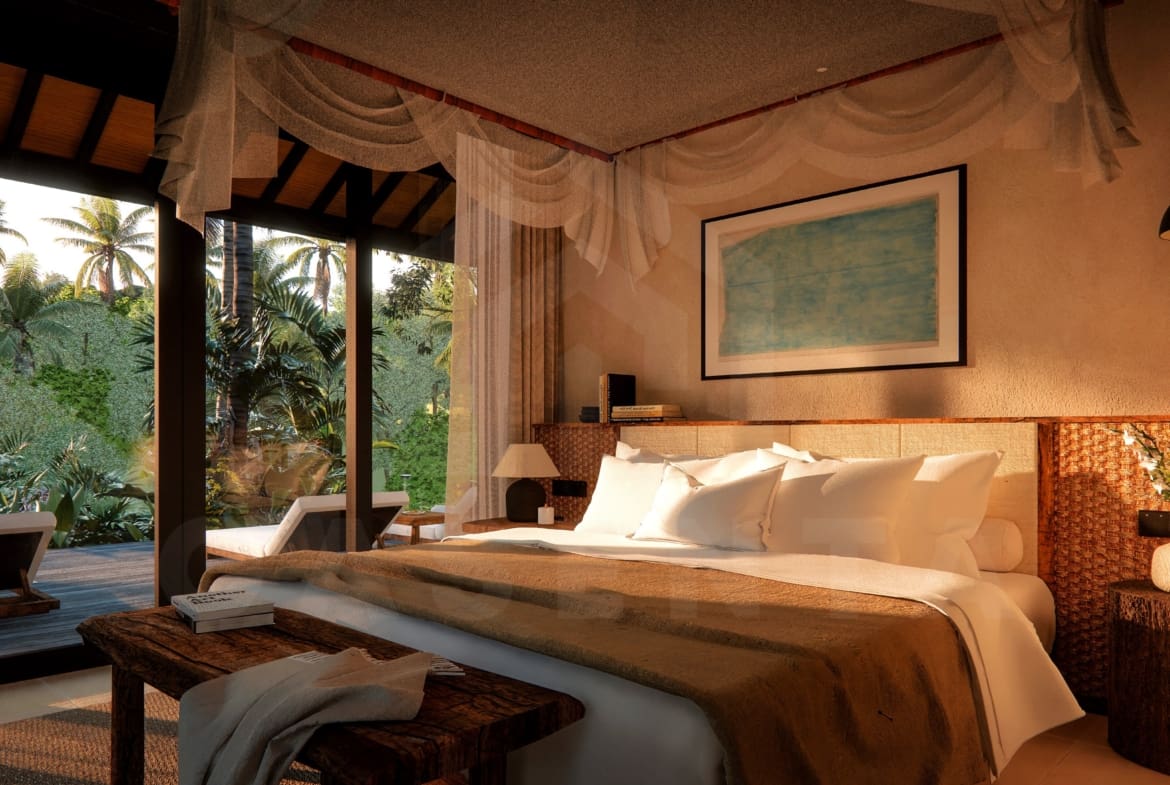 Bedroom inside enchanting riverfront villa in Ubud