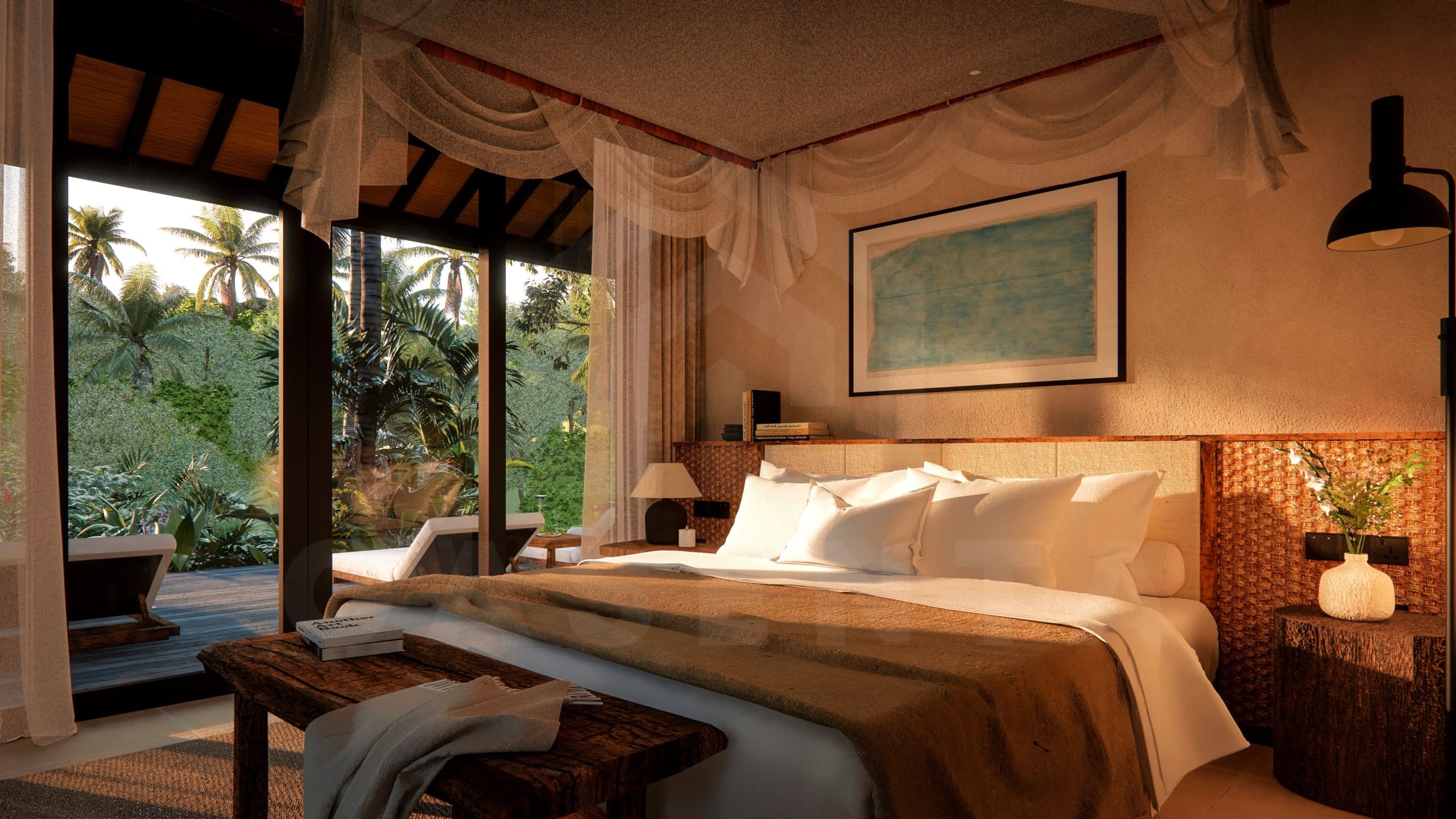 Bedroom inside enchanting riverfront villa in Ubud