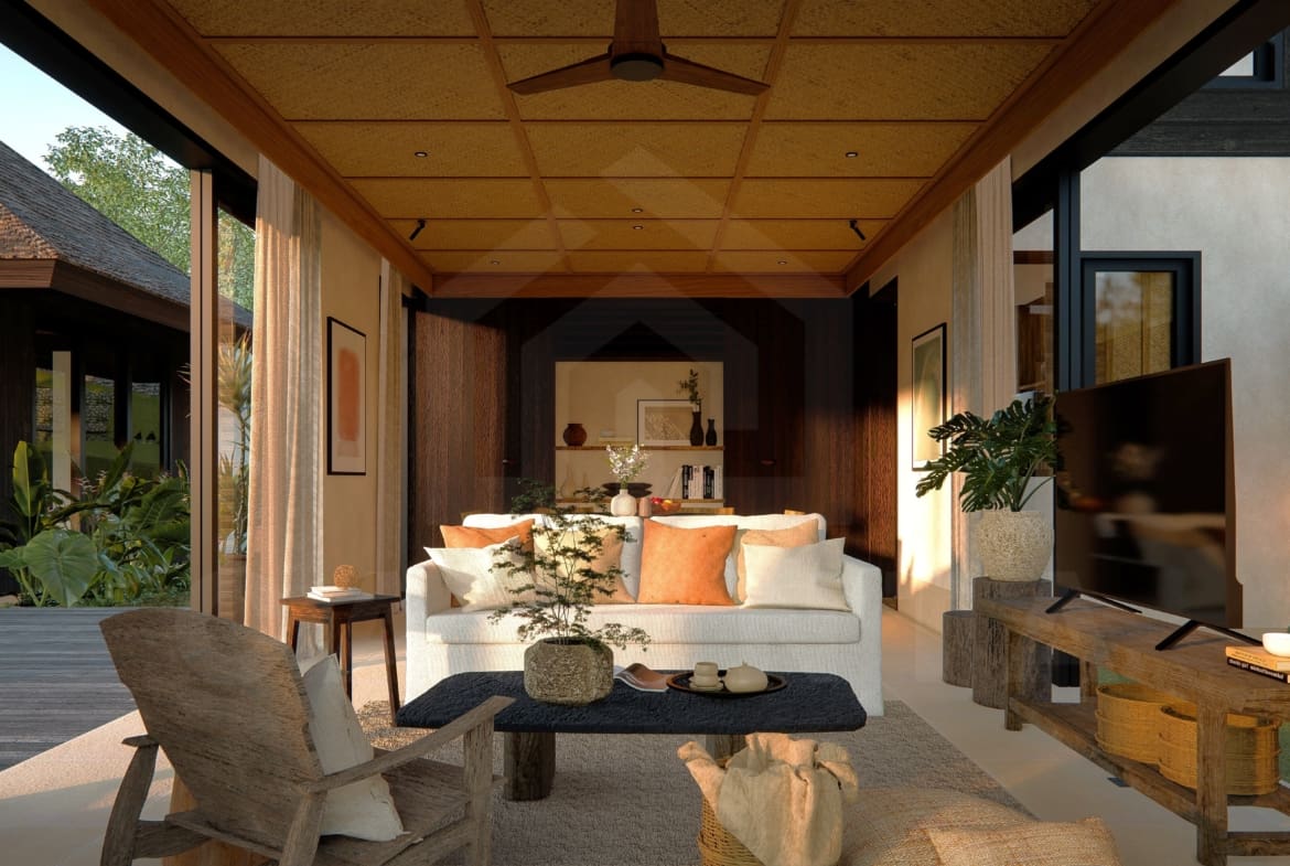 Living area inside 3 bedroom riverfront villa in Ubud