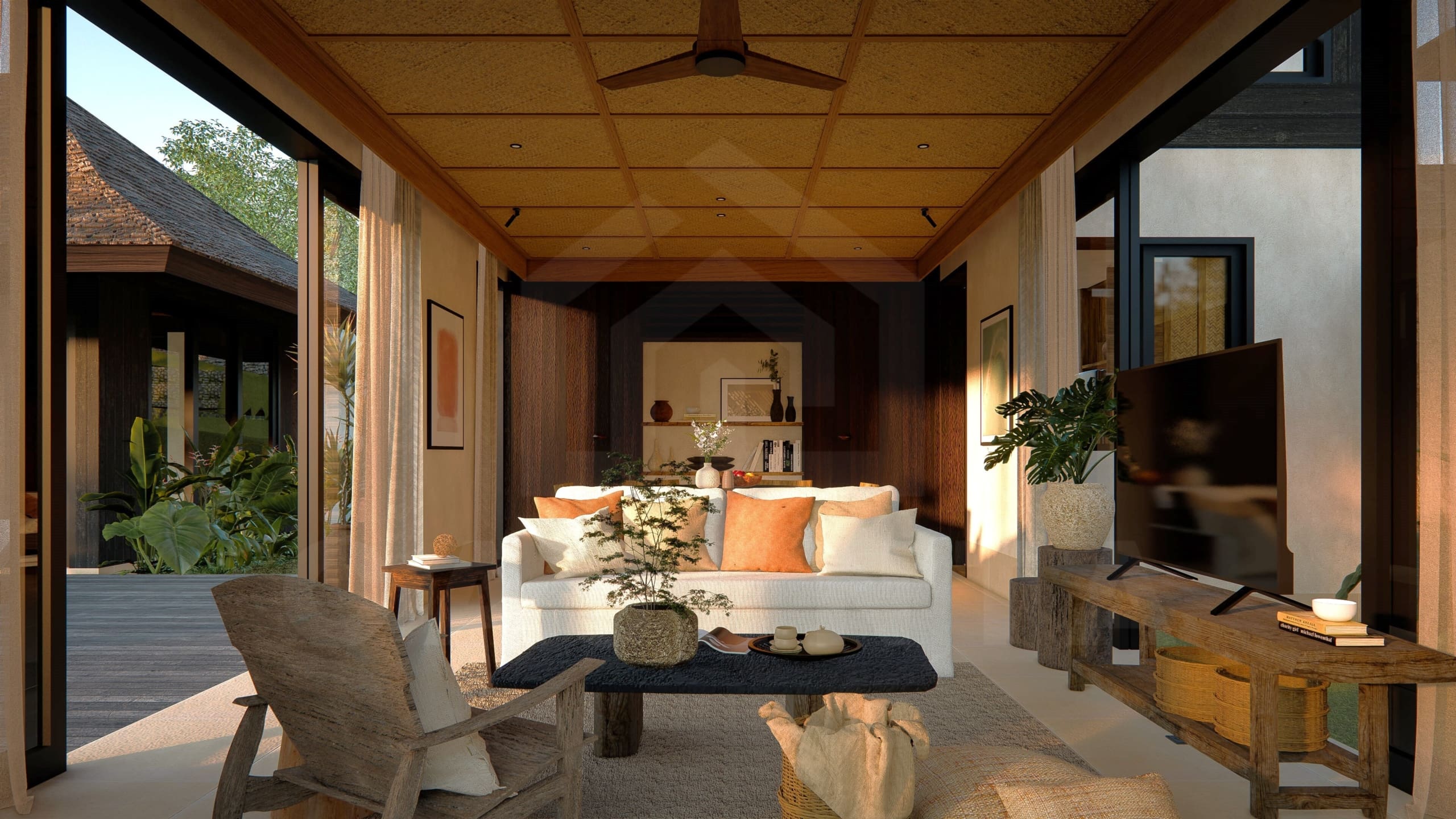 Living area inside 3 bedroom riverfront villa in Ubud