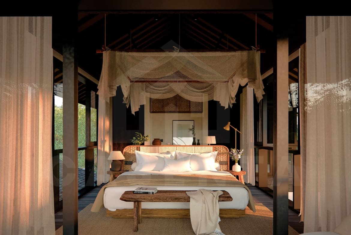 Bedroom inside enchanting riverfront villa in Ubud