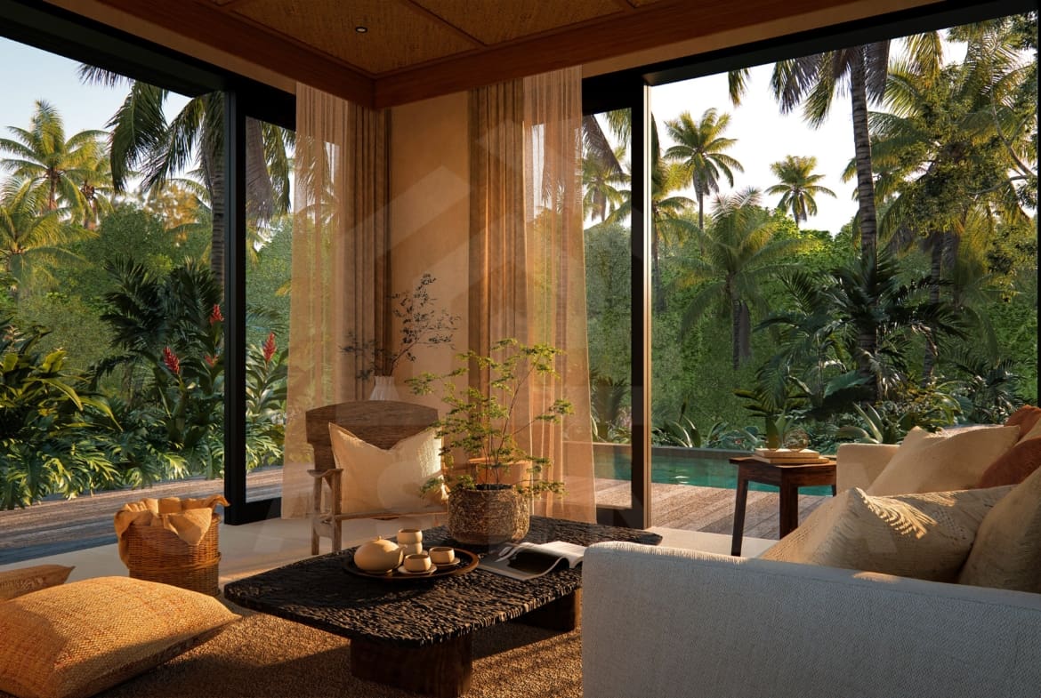 Living area inside 3 bedroom riverfront villa in Ubud