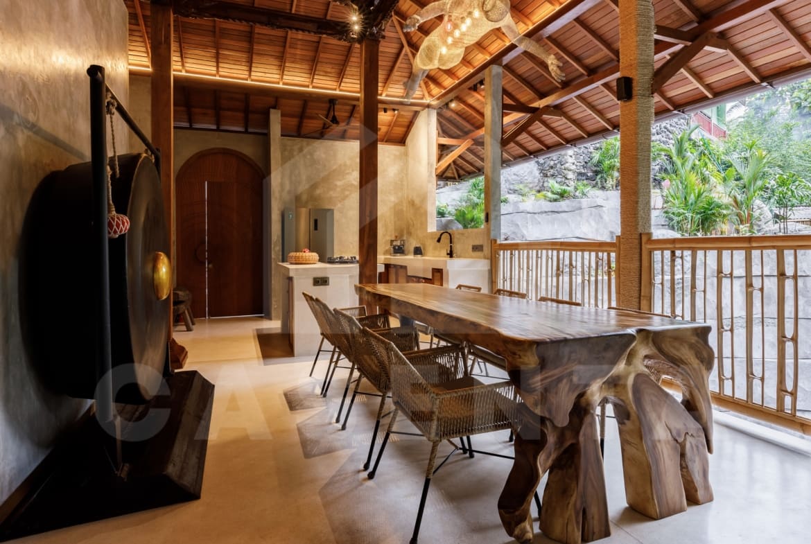 Dining area inside 4 bedroom villa with jungle view in Ubud