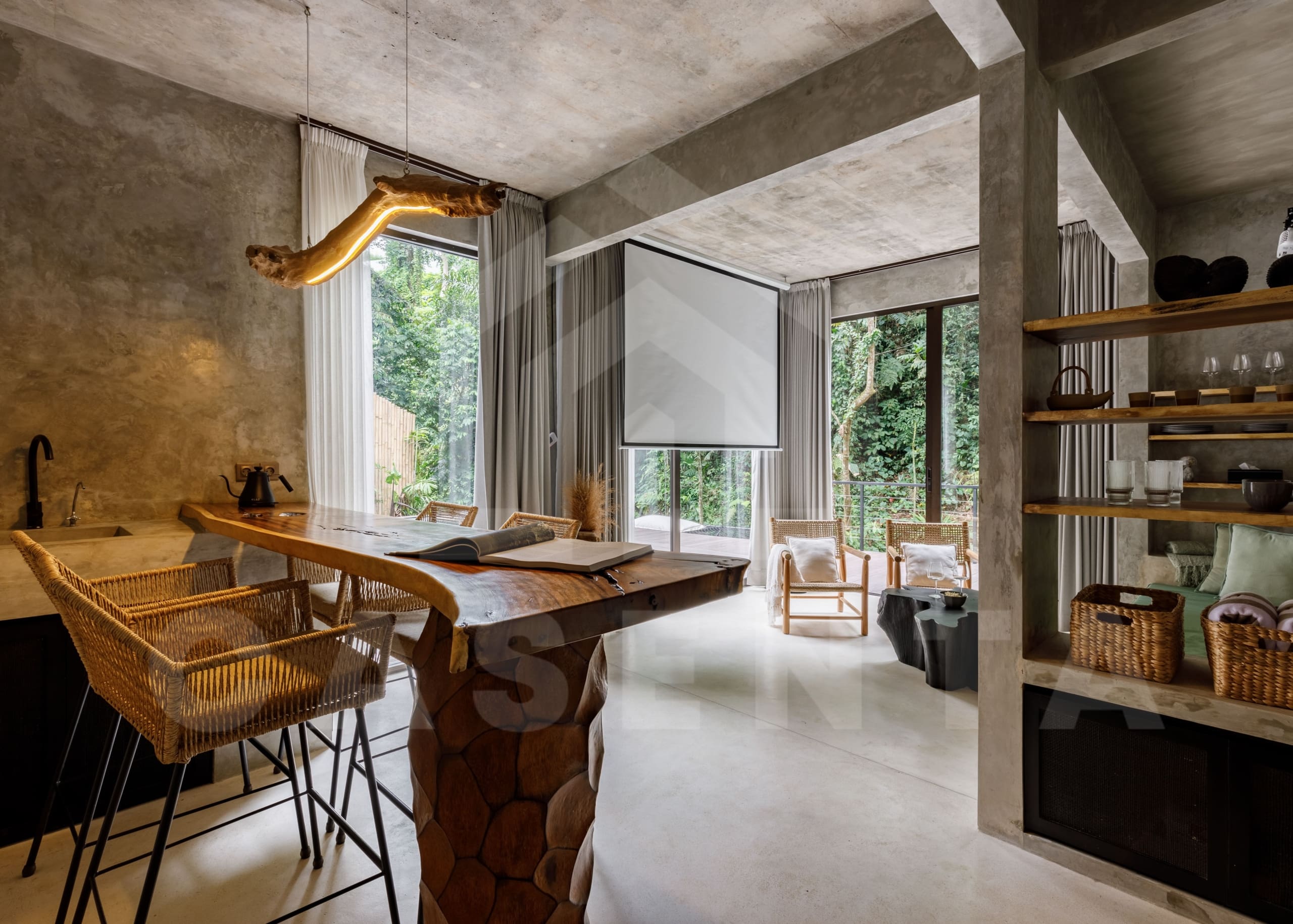 Enclosed living area inside 4 bedroom villa with jungle view in Ubud