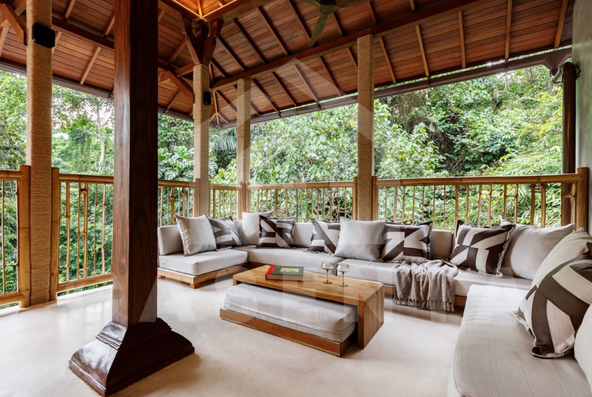 Living area inside 4 bedroom villa with jungle view in Ubud