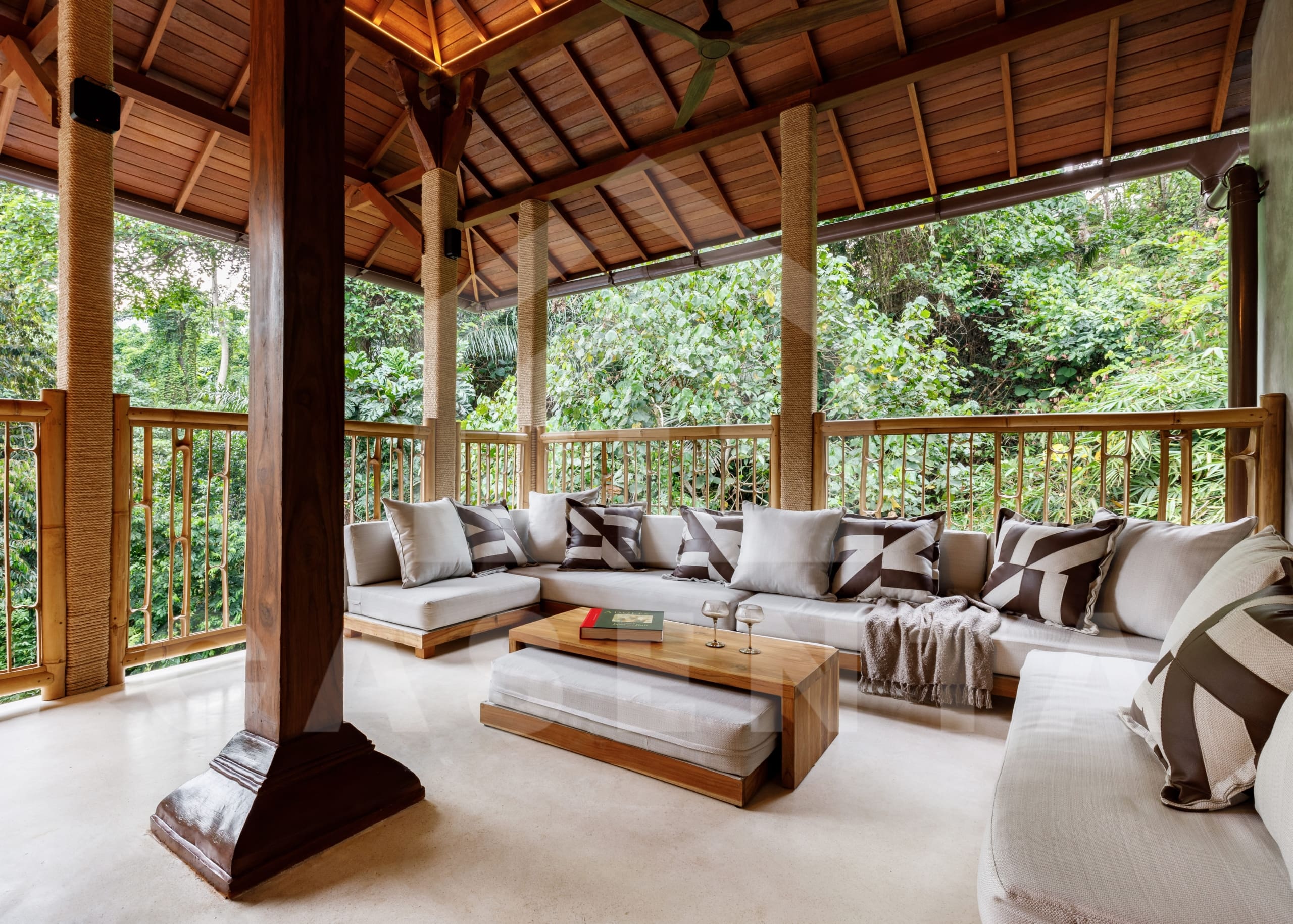 Living area inside 4 bedroom villa with jungle view in Ubud
