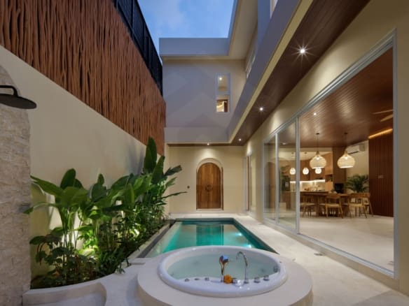 Private outdoor area with jacuzzi, plunge pool, and tropical plants in a modern Bali villa