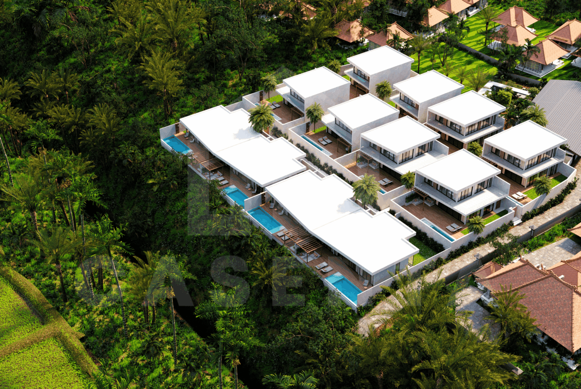 Aerial view of stylish 3 bedroom villa in Ubud