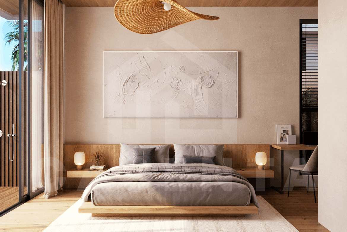 Bedroom inside stylish villa in Ubud