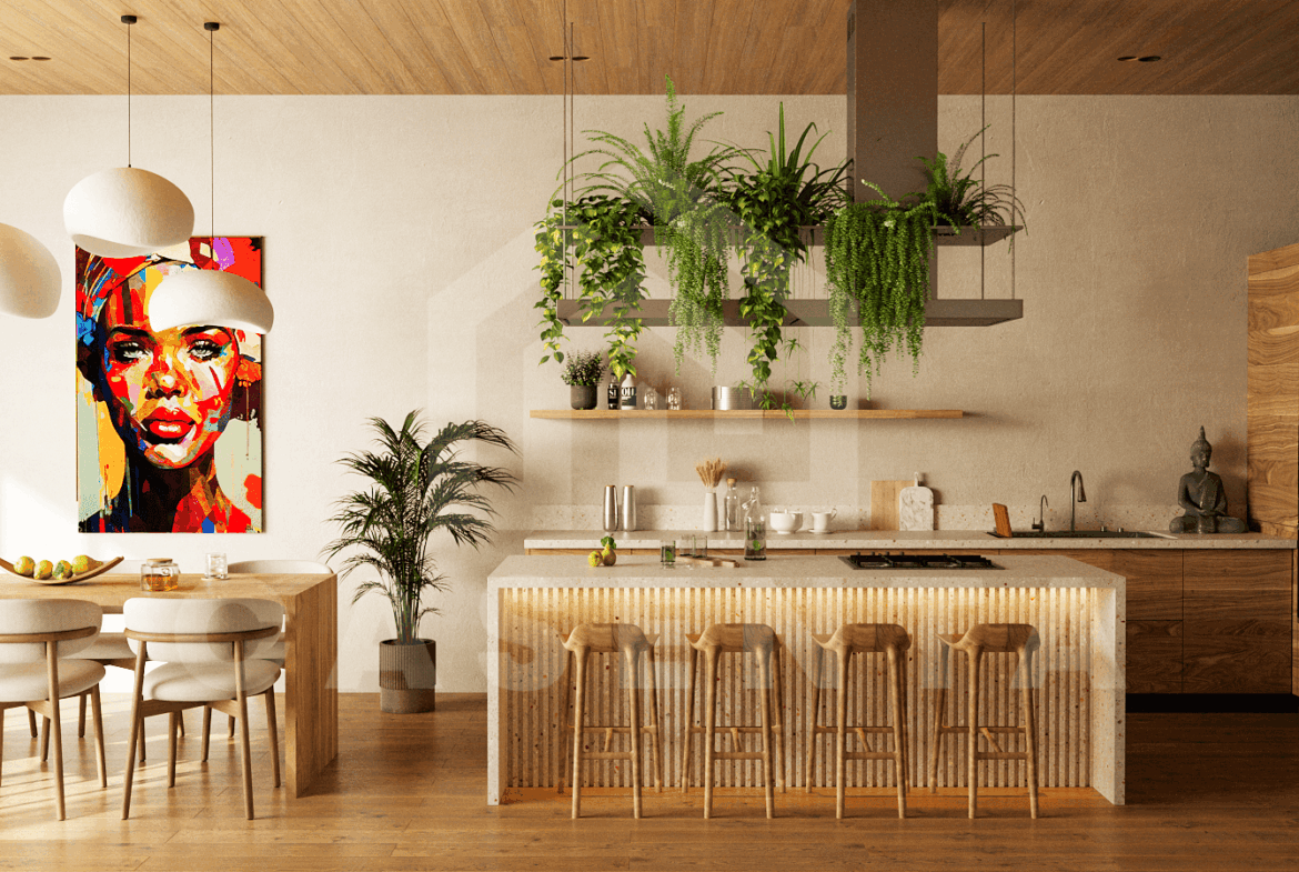 Kitchen/dining area inside stylish 3 bedroom villa in Ubud