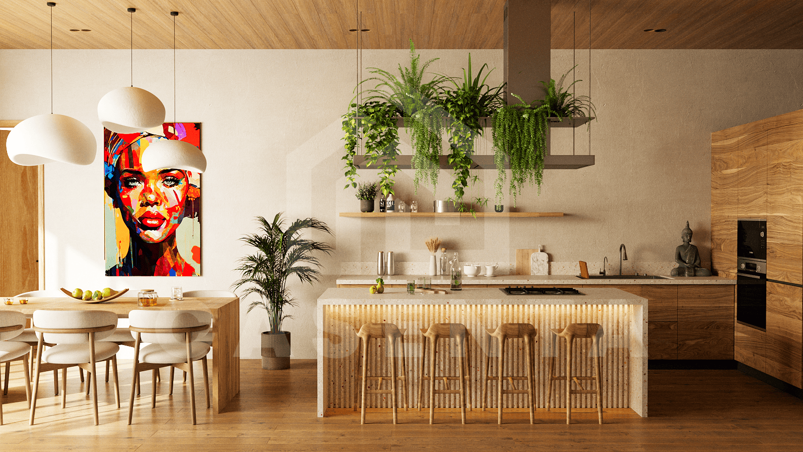 Kitchen/dining area inside stylish 3 bedroom villa in Ubud