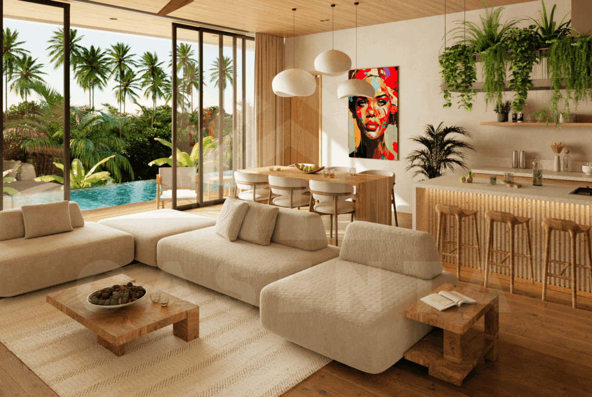 Living area inside stylish 3 bedroom villa in Ubud