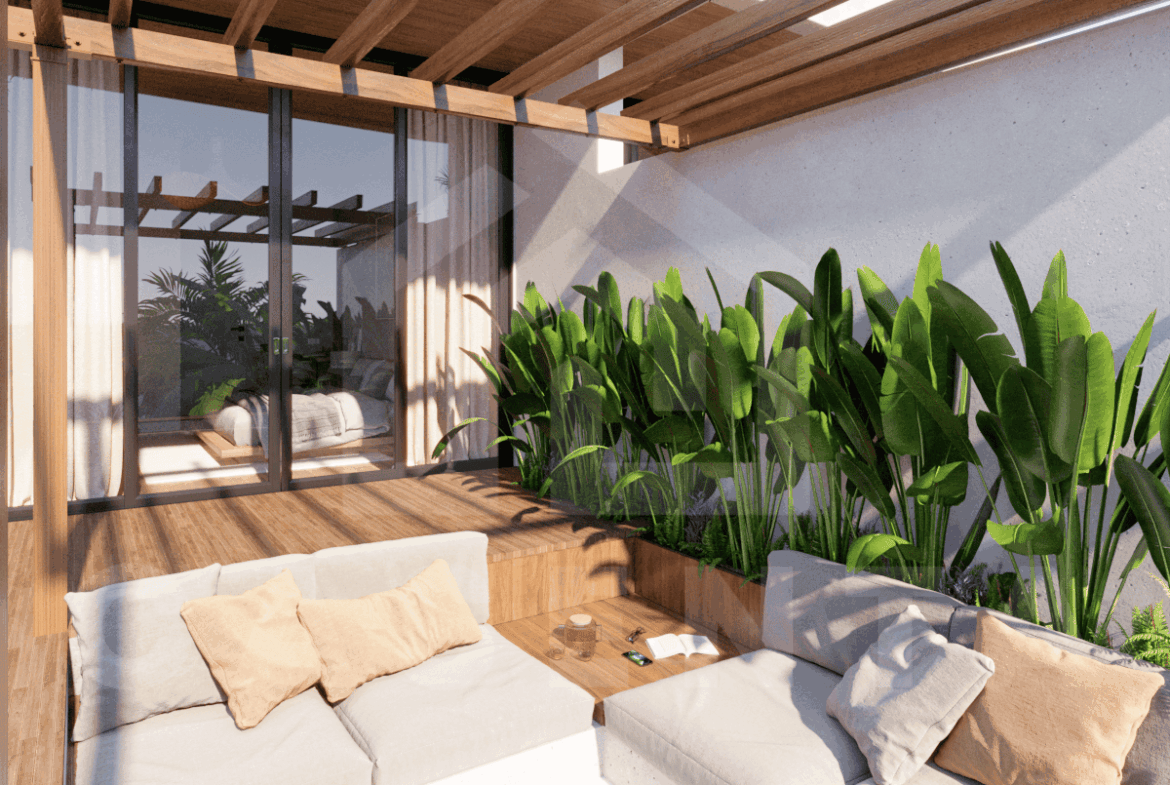 Terrace inside stylish 3 bedroom villa in Ubud