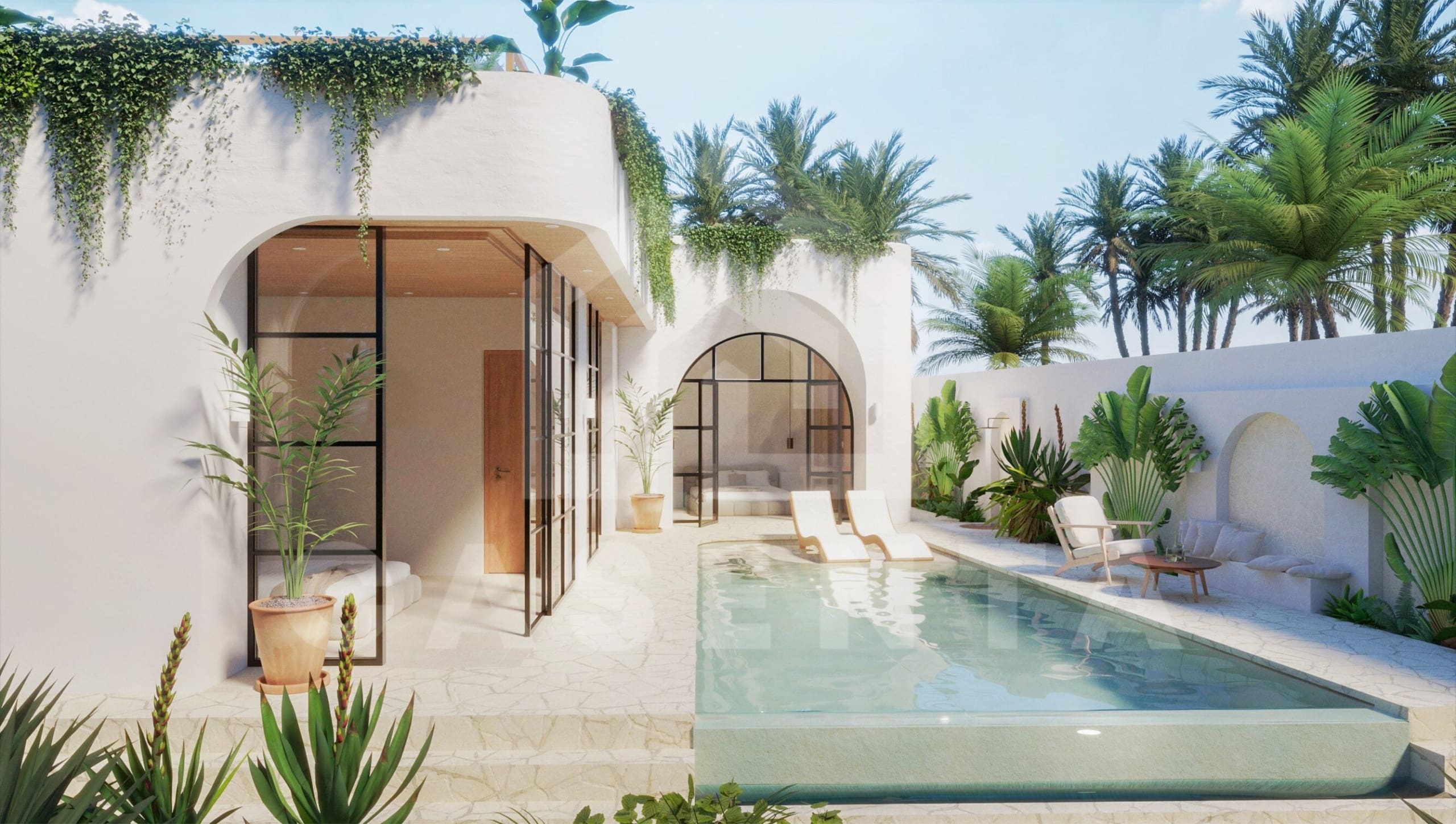 Outdoor area inside authentic Mediterranean villa in Ubud