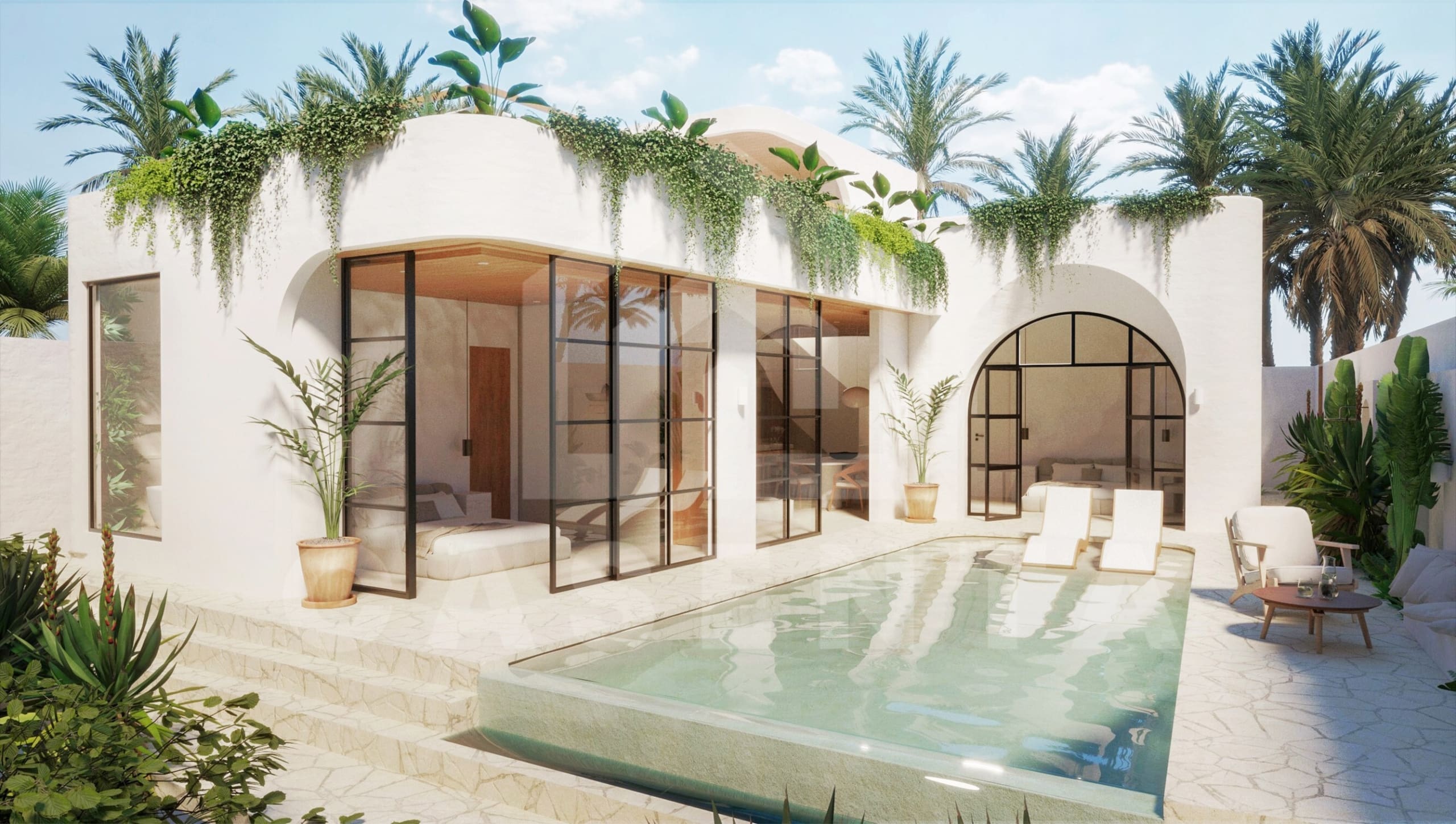 Outdoor area inside authentic Mediterranean villa in Ubud