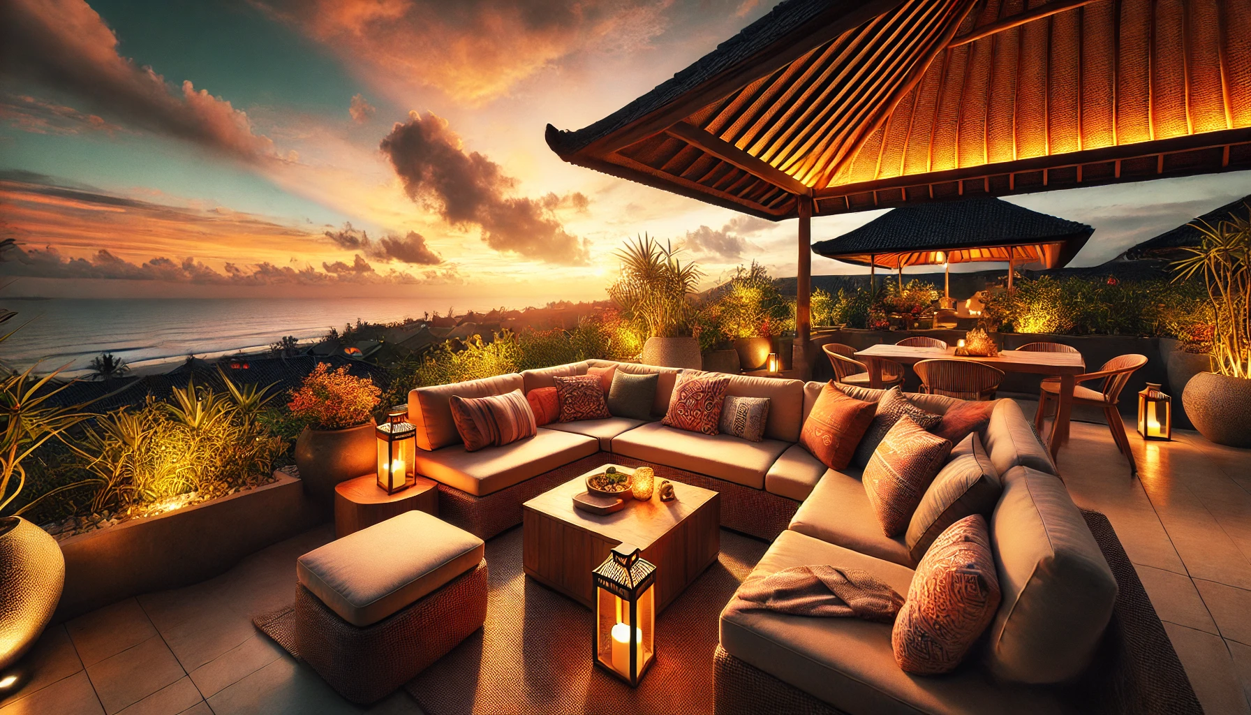 A cozy rooftop lounge of a Bali apartment, featuring comfortable seating, soft lighting, and a breathtaking view of the ocean at sunset