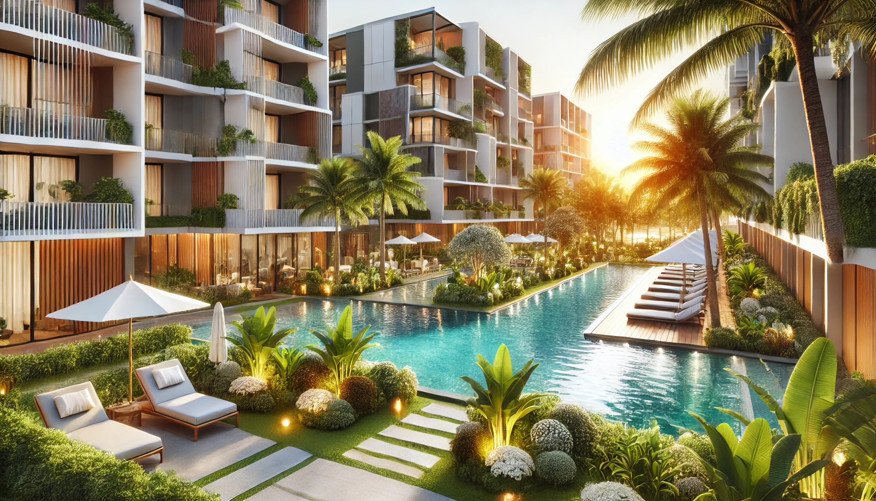 A modern apartment complex in Bali with tropical landscaping, a swimming pool, and a contemporary design. The scene is bright and inviting, showcasing sunset and palm trees