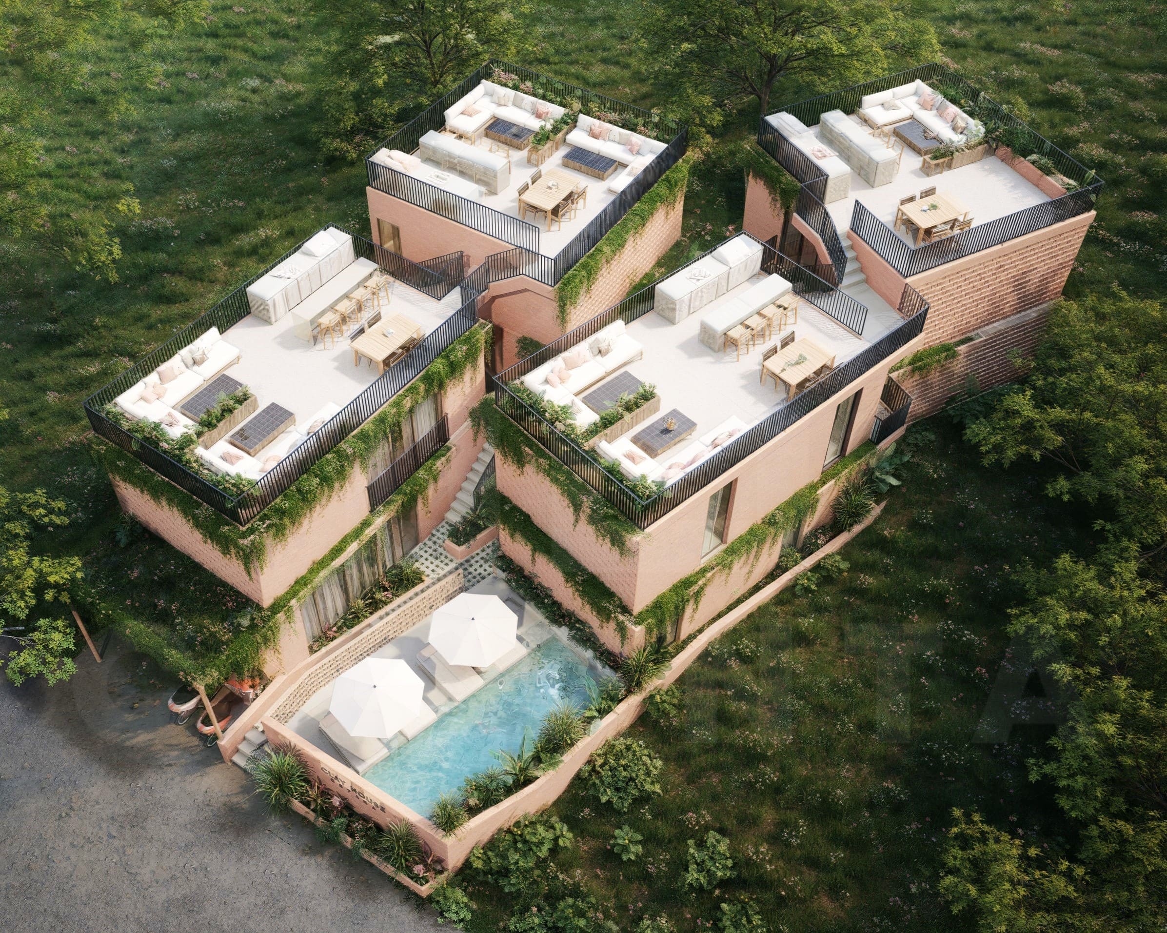 Bird's eye view of a modern apartment in Cepaka