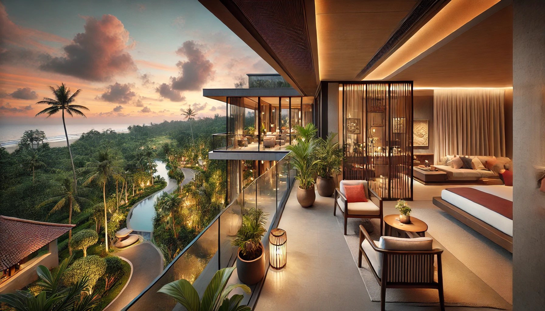 A luxurious modern apartment in Bali with a spacious balcony set against the green, tropical landscape and looking out over the beach and distant ocean views