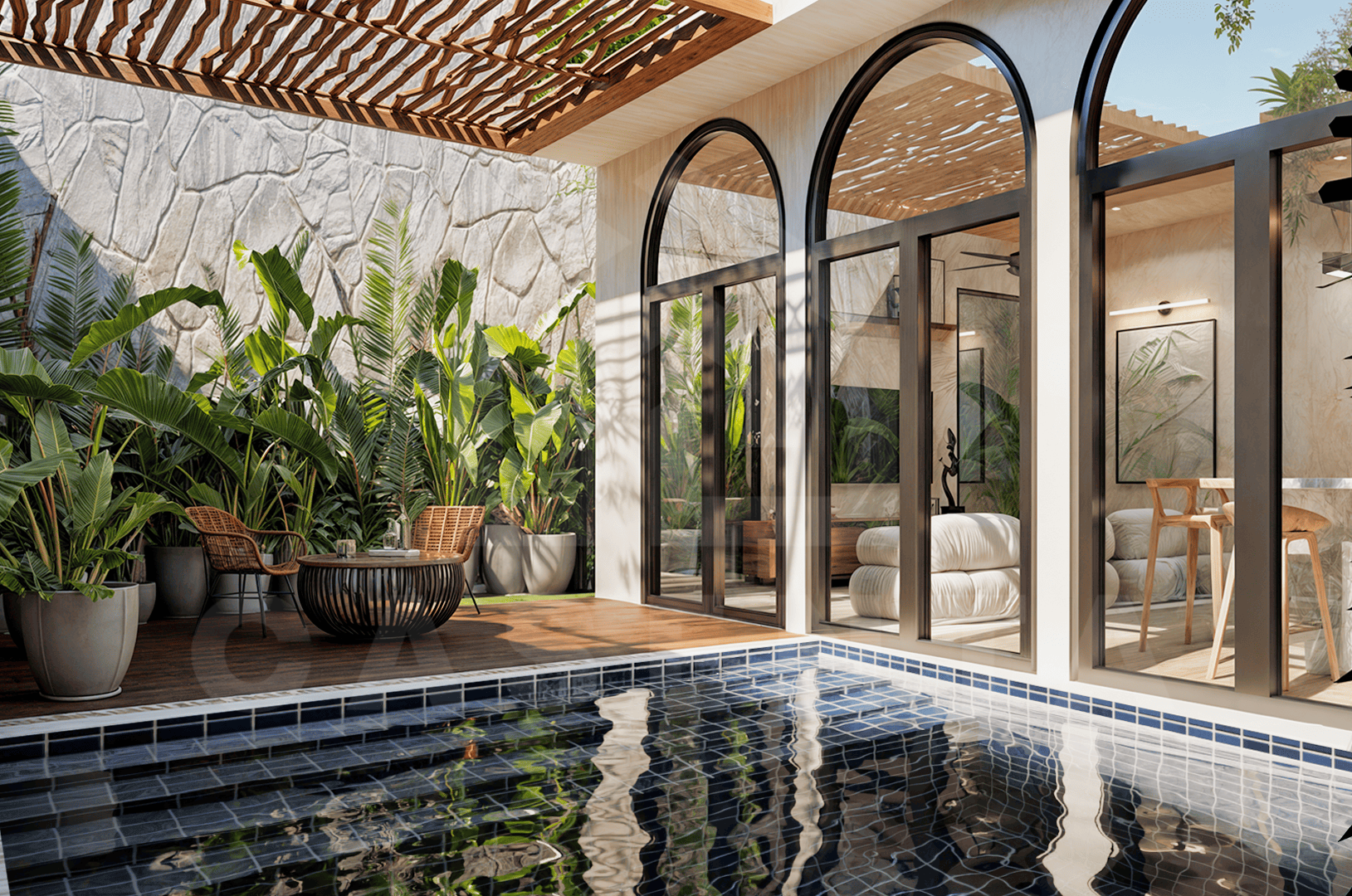 Outdoor area inside stylish apartment in Uluwatu